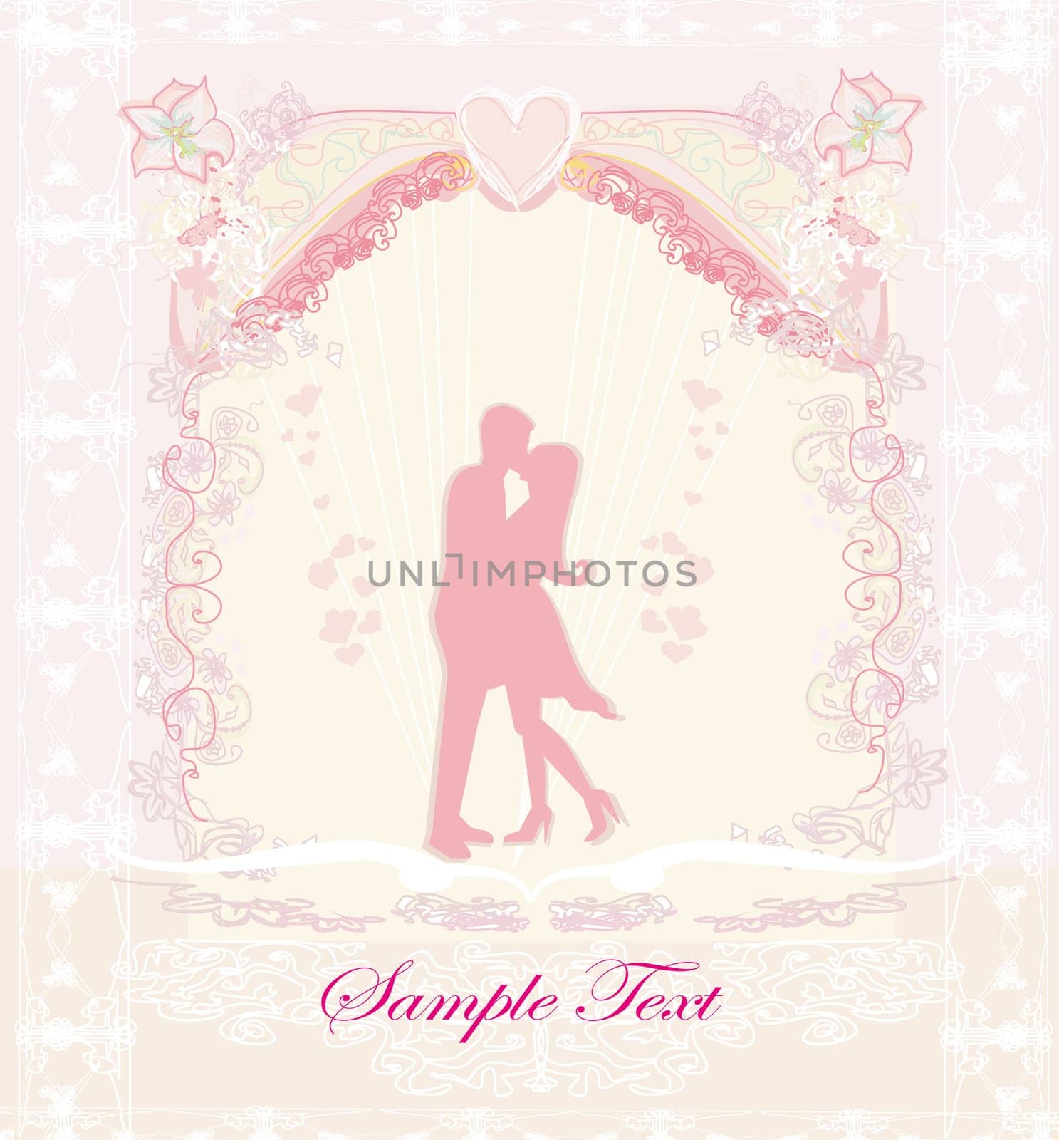 Floral greeting card with silhouette of romantic couple