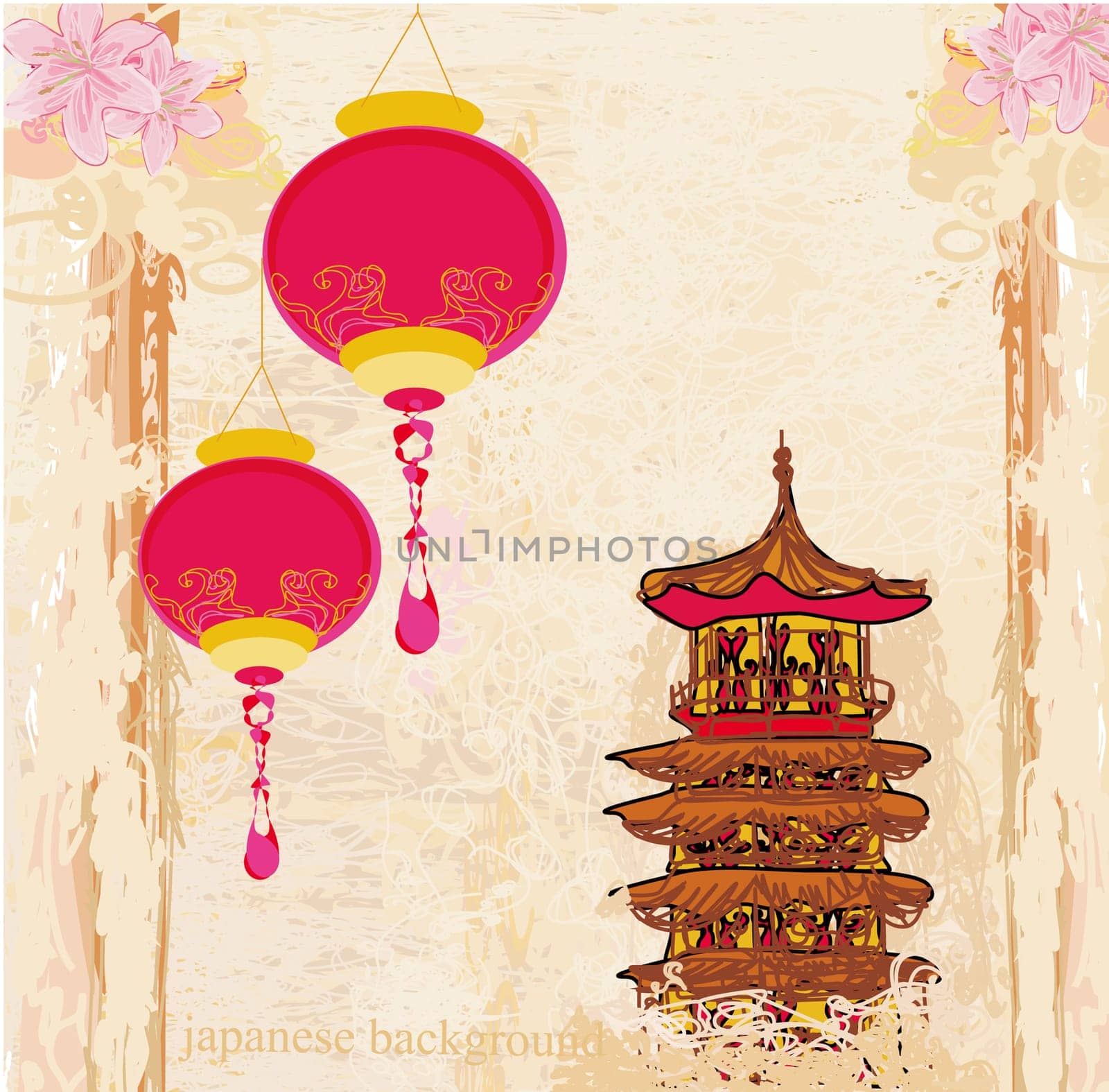 old paper with Asian Landscape and Chinese Lanterns - vintage japanese style background