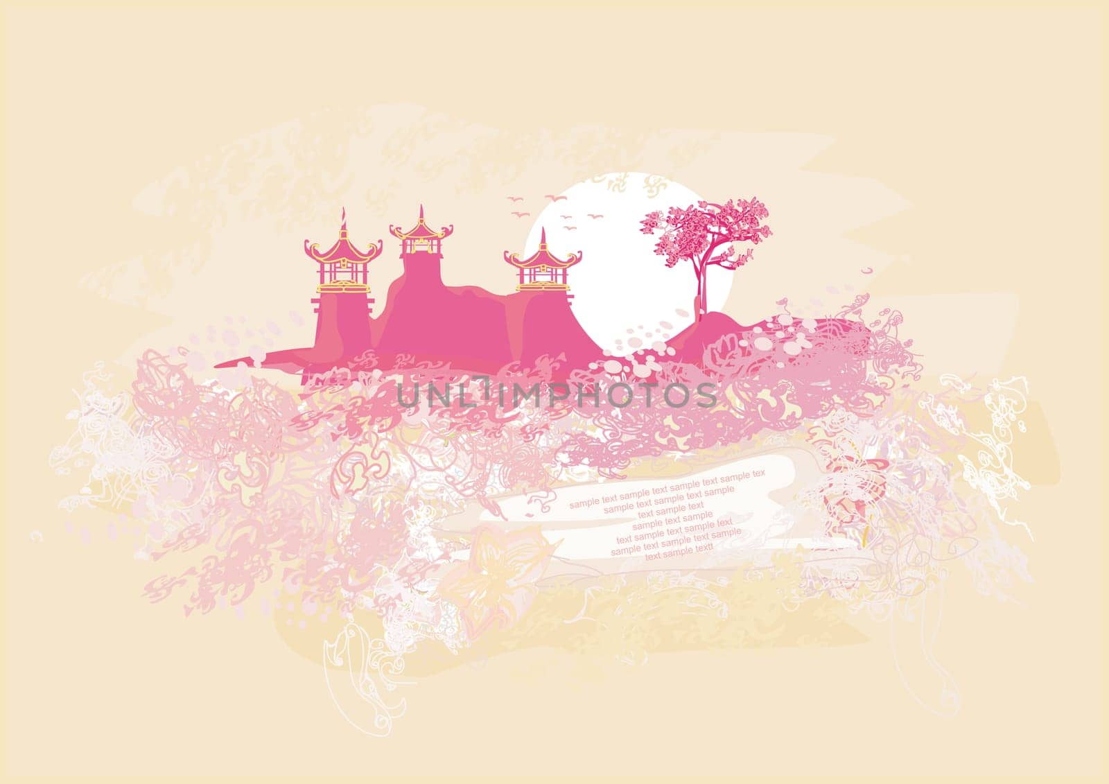 old paper with Chinese temple on abstract Asian Landscape