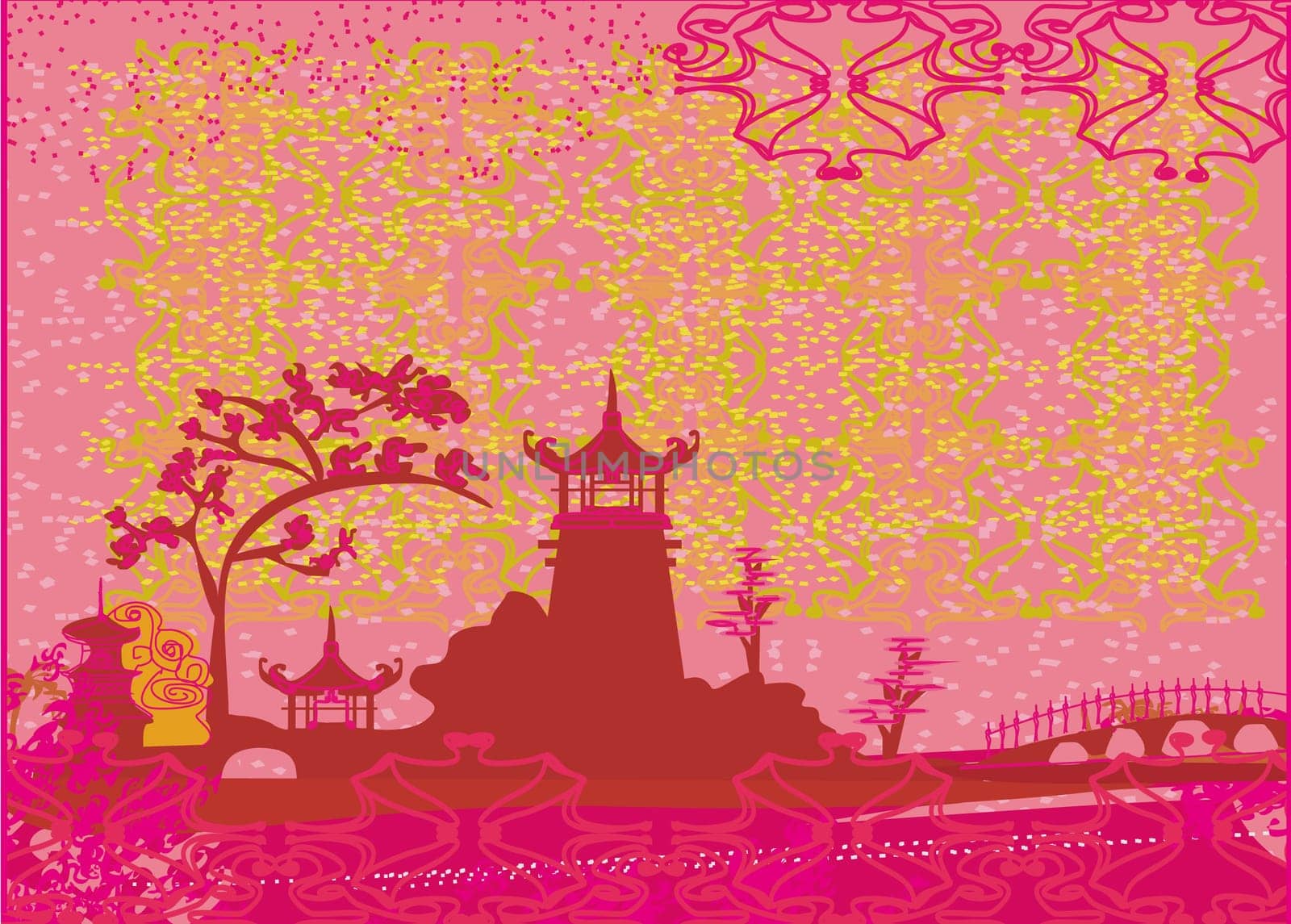 old paper with Chinese temple on abstract Asian Landscape