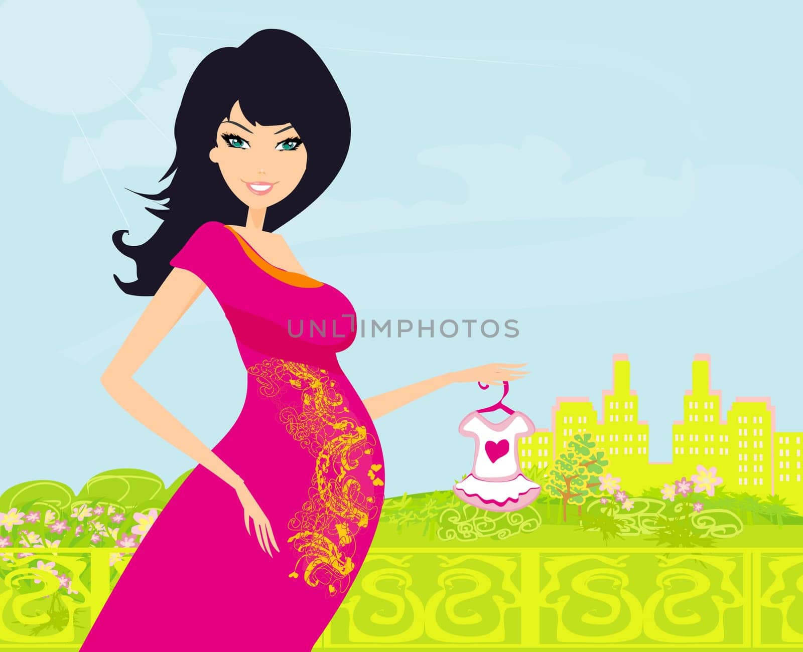 Beautiful pregnant woman on shopping for her new baby Vector Illustration