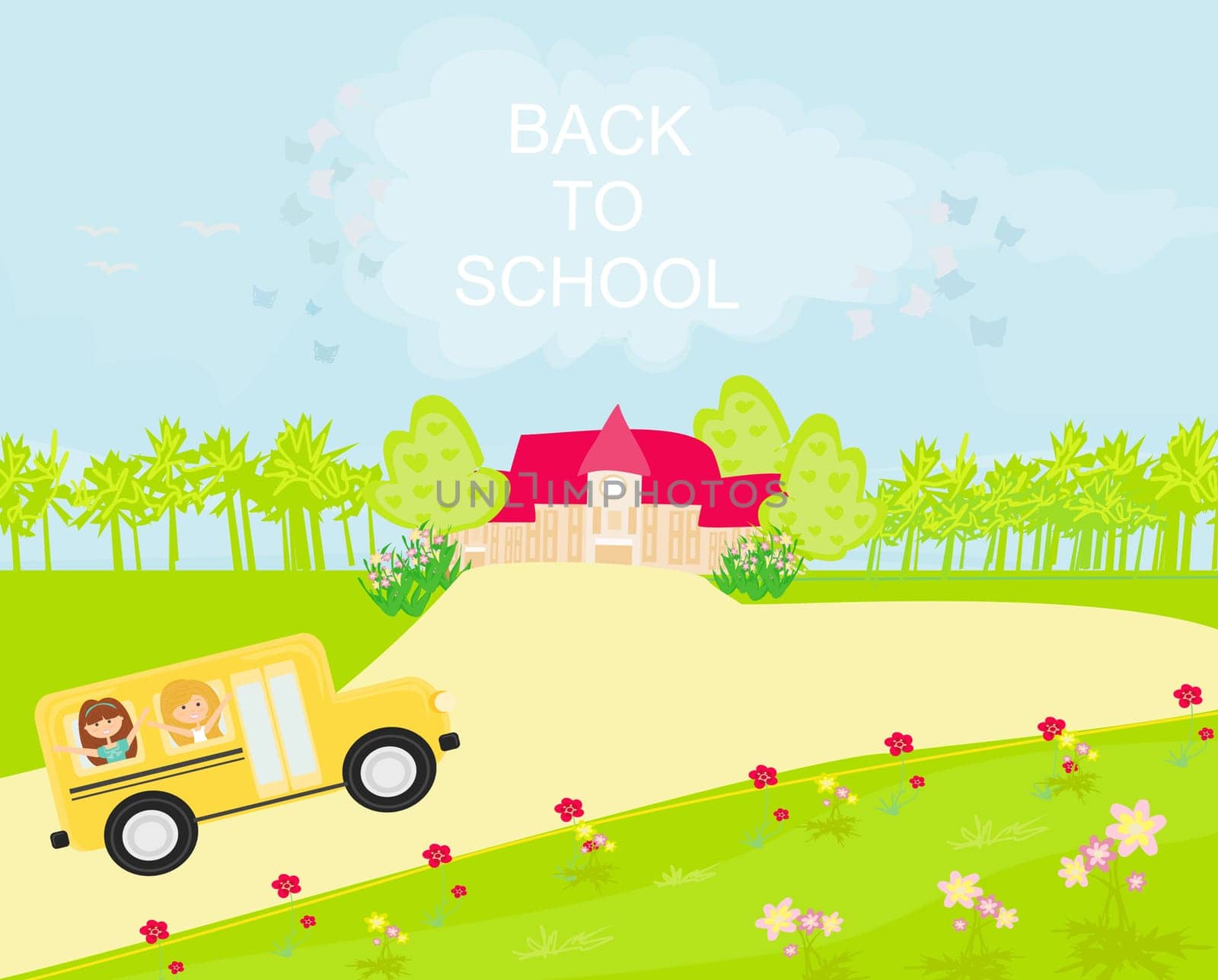 school bus heading to school with happy children