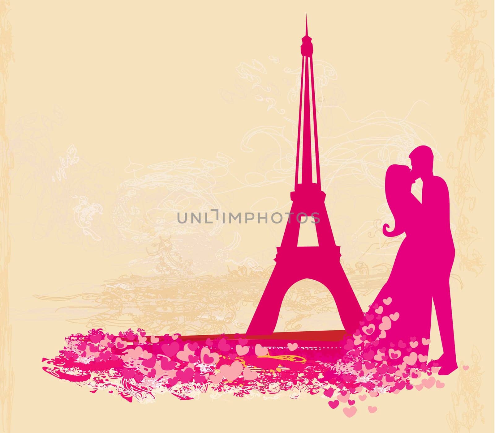 Romantic couple in Paris kissing near the Eiffel Tower Retro card