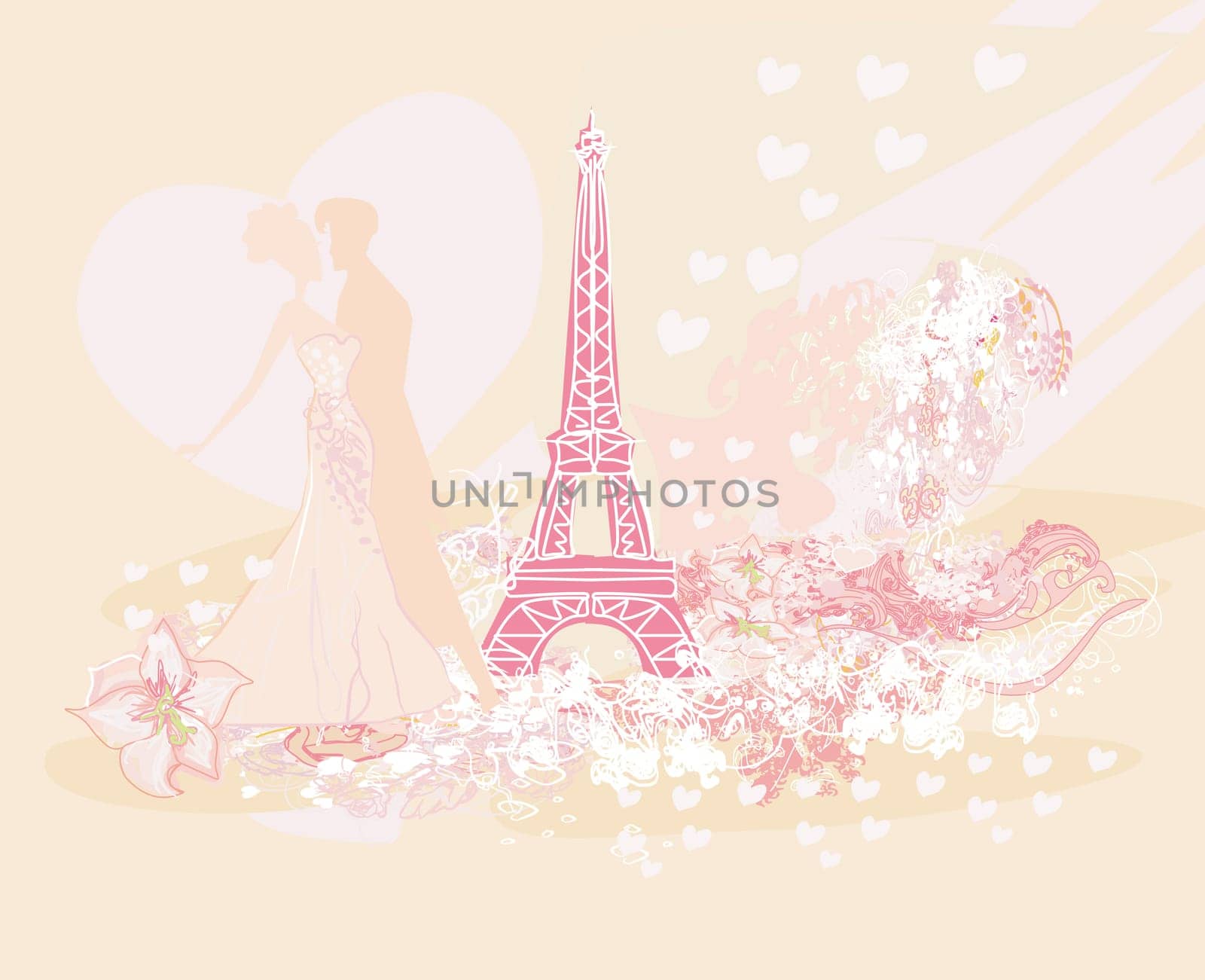 Romantic couple in Paris dancing near the Eiffel Tower. Retro card.