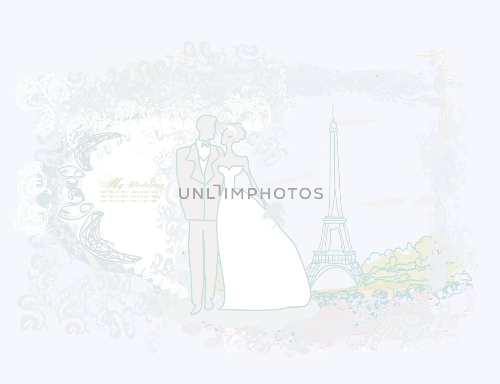 Romantic wedding couple in Paris near the Eiffel Tower card
