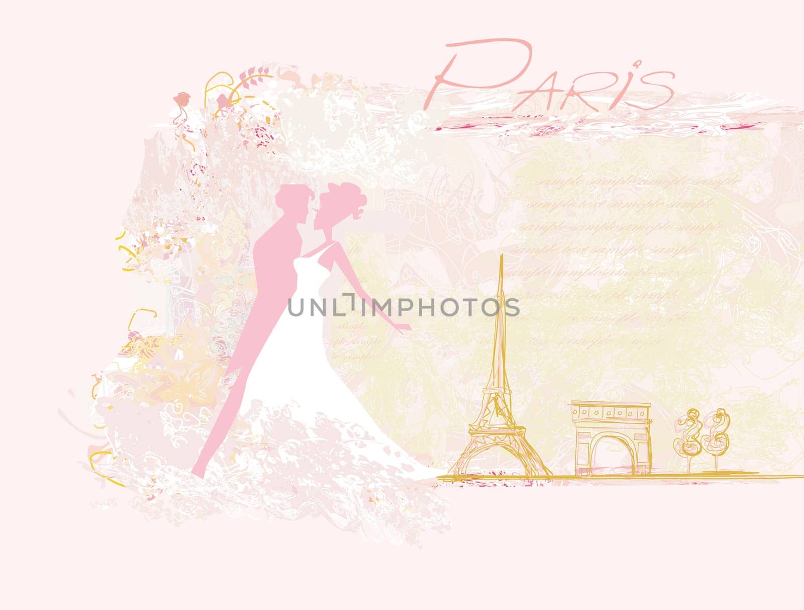 Romantic couple in Paris dancing near the Eiffel Tower. Retro card.