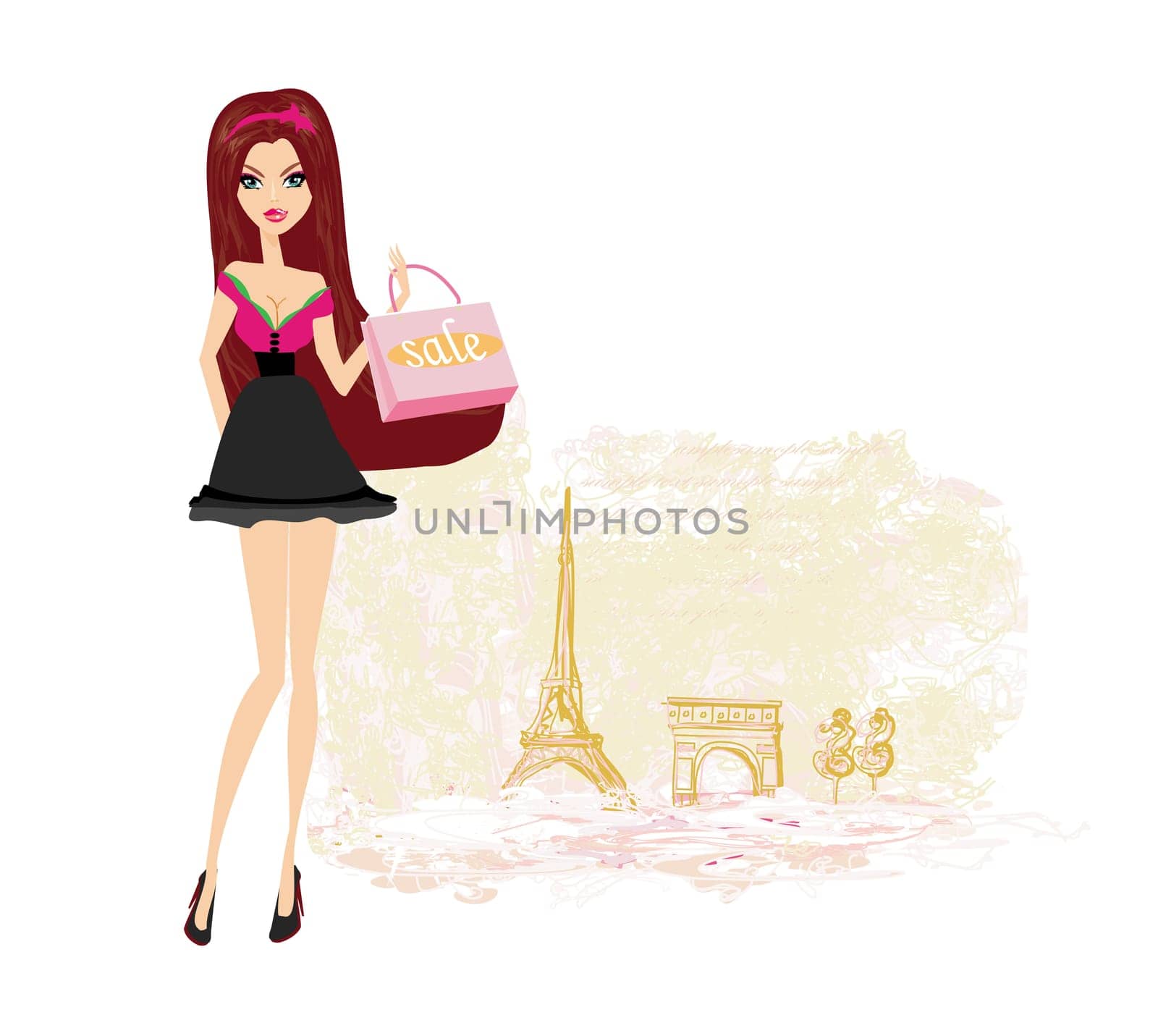 beautiful women Shopping in Paris - vector card