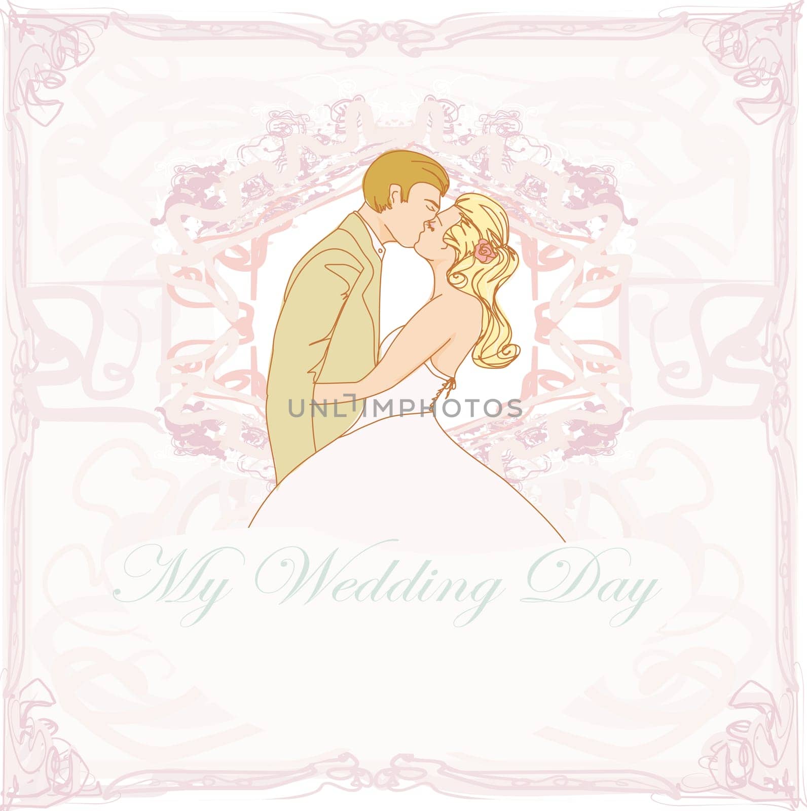 elegant wedding invitation with wedding kissing couple