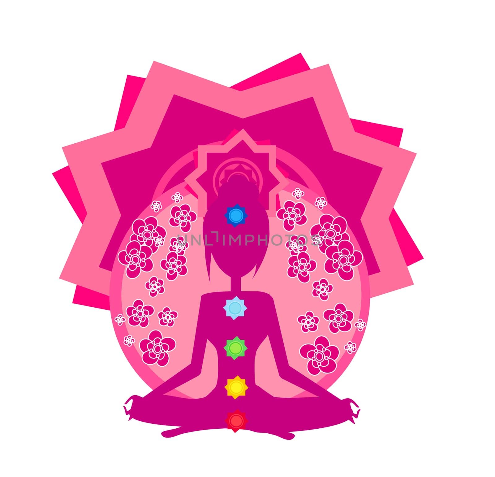 Yoga woman silhouette in lotus pose. Padmasana with colored chakra points.