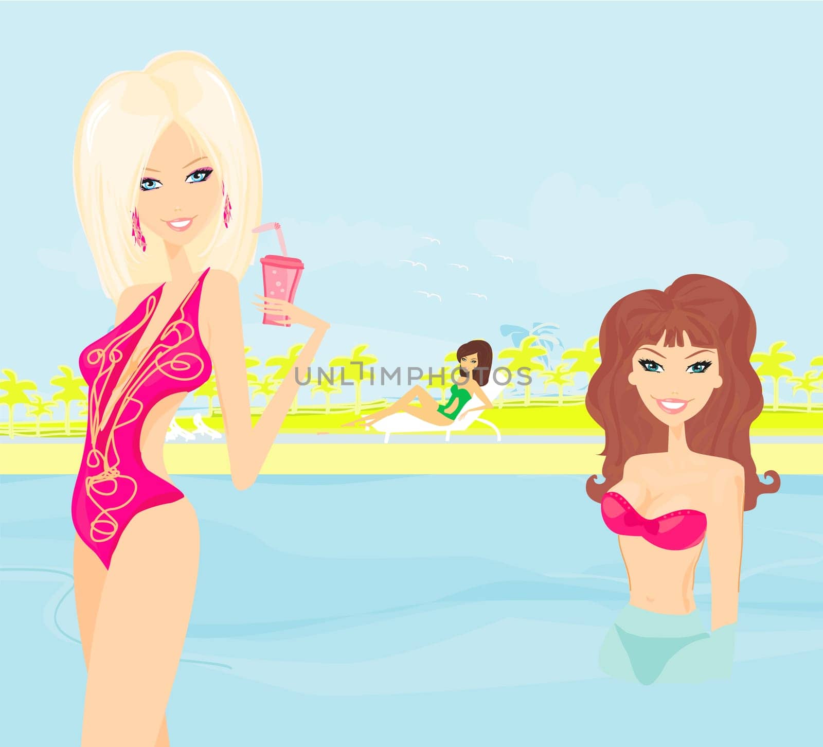 vector image of girls and tropical pool