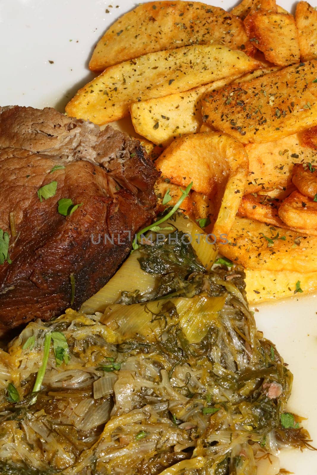 Meat with potatoes close up traditional greek food porn modern high quality print