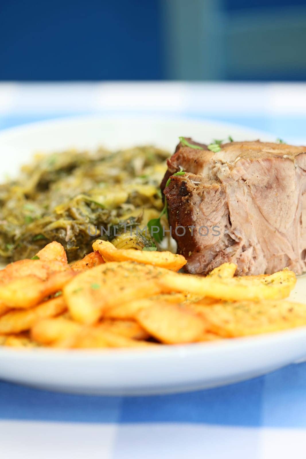 Meat with potatoes close up traditional greek food porn modern high quality print