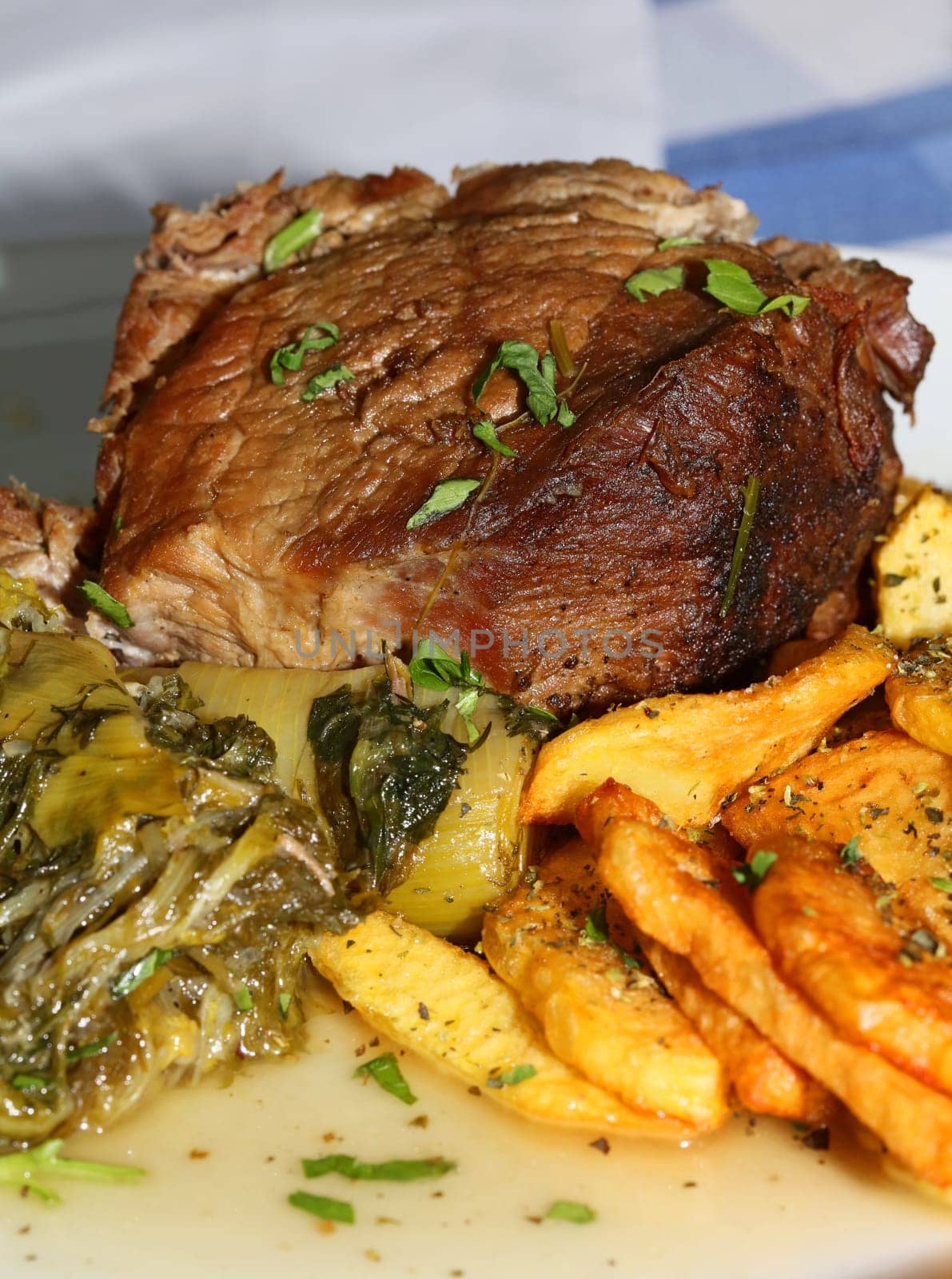 Meat with potatoes close up traditional greek food porn modern high quality print