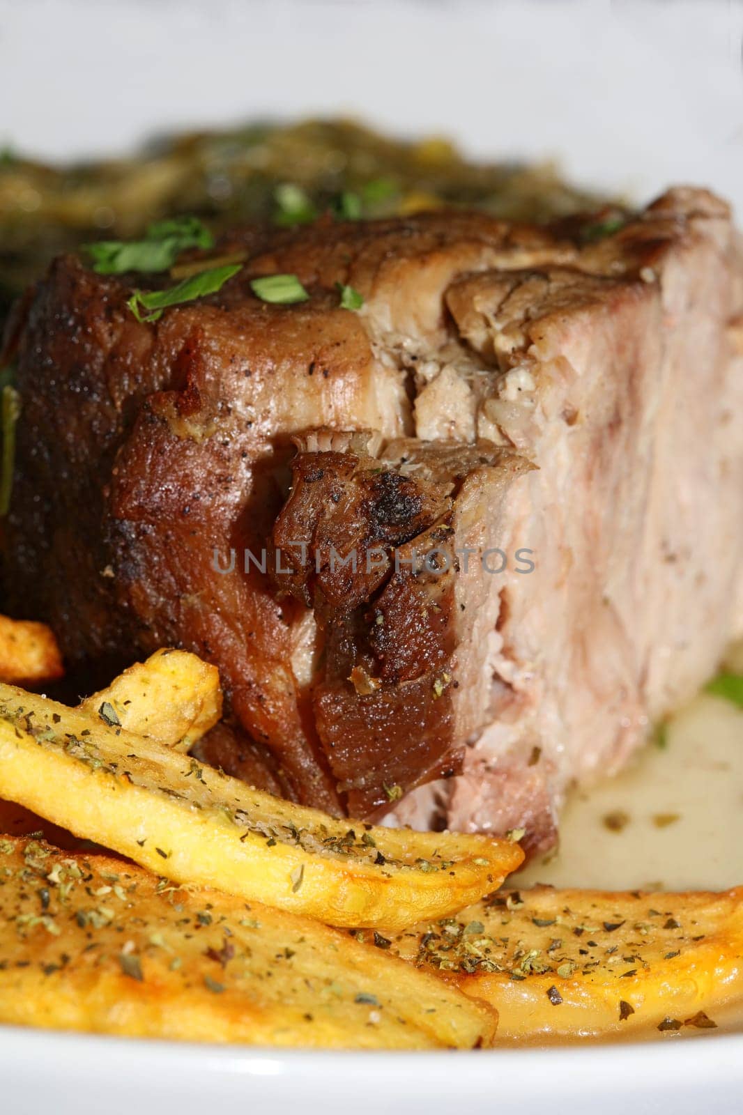 Meat with potatoes close up traditional greek food porn modern high quality print