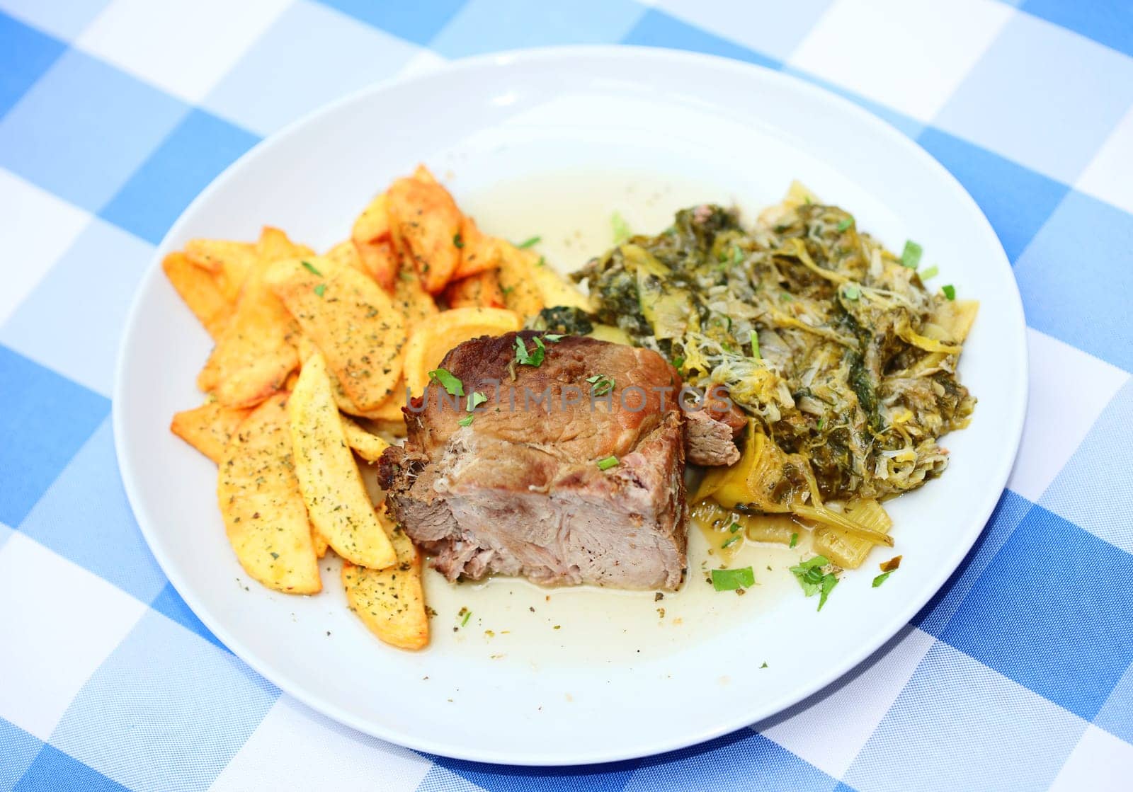 Meat with potatoes close up traditional greek food porn modern high quality print