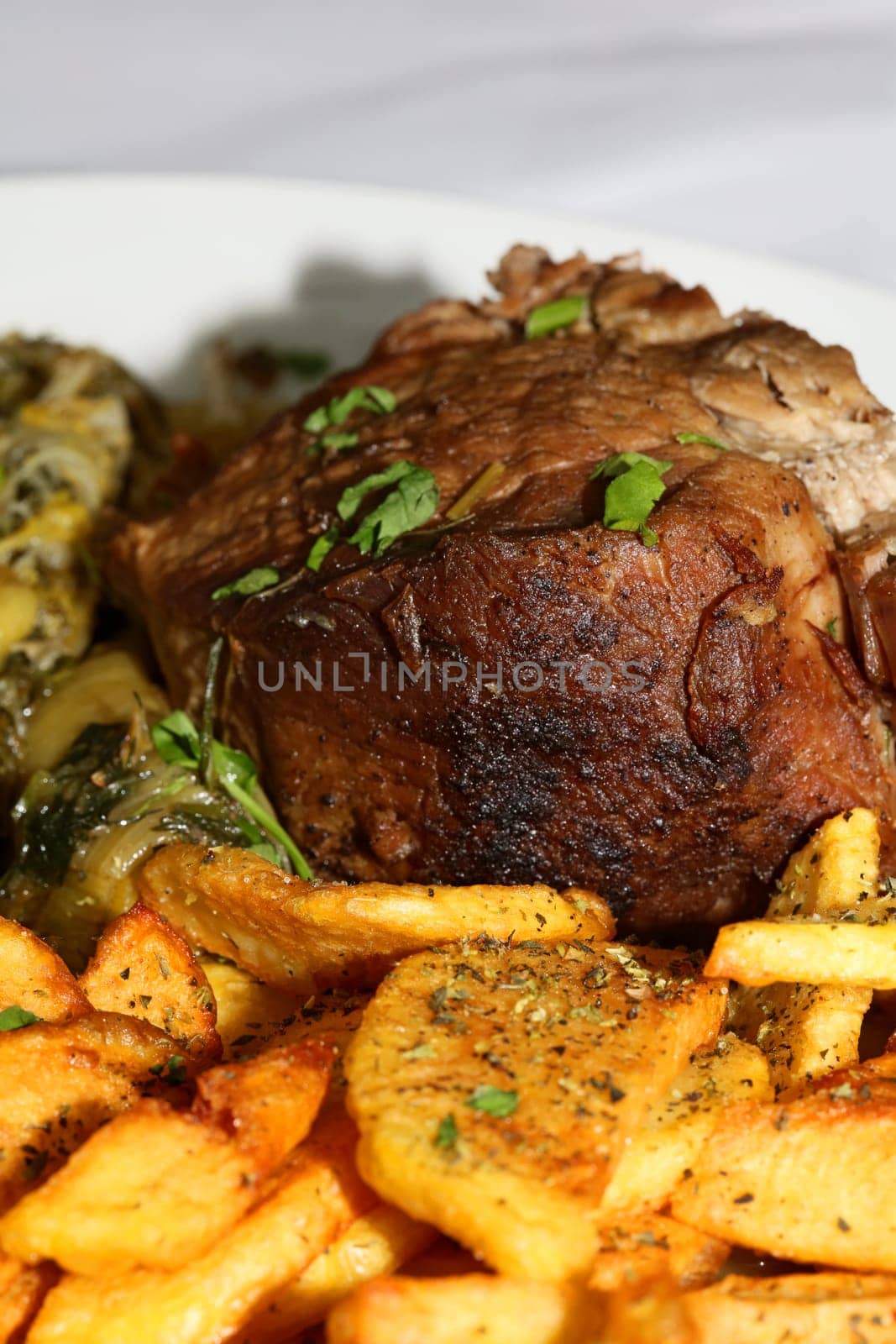 Meat with potatoes close up traditional greek food porn modern high quality print