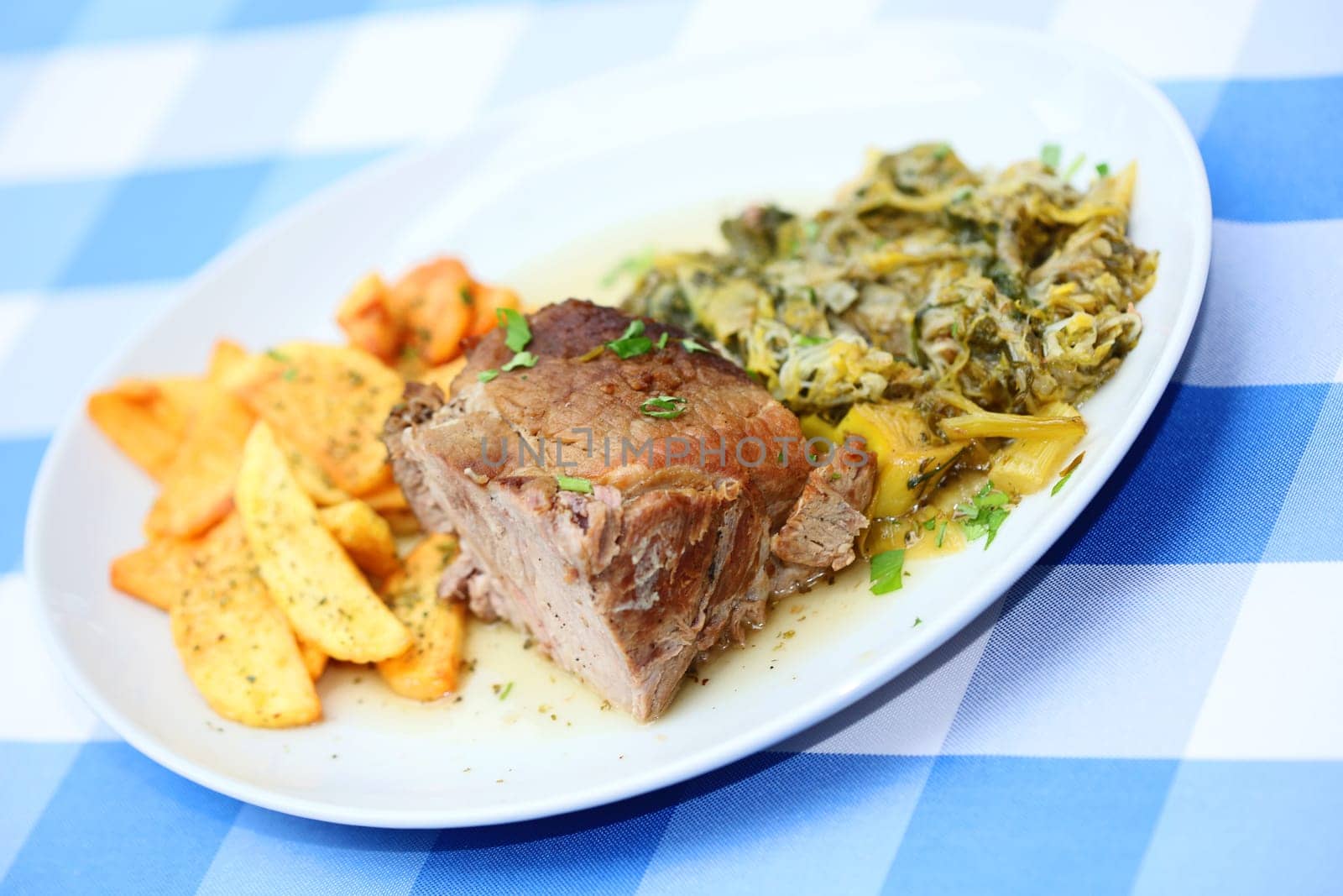 Meat with potatoes close up traditional greek food porn modern high quality print