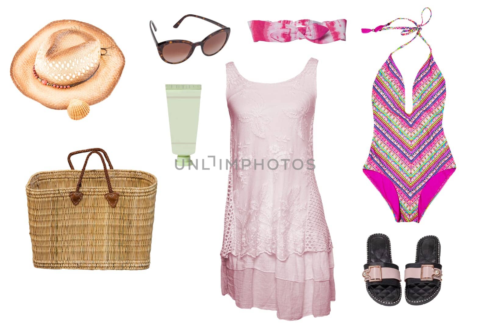 Collage set of women's swimwear and beach accessories include swimming costume, dress, sandals, a bag, straw hat sunglasses and cream isolated on a white background.