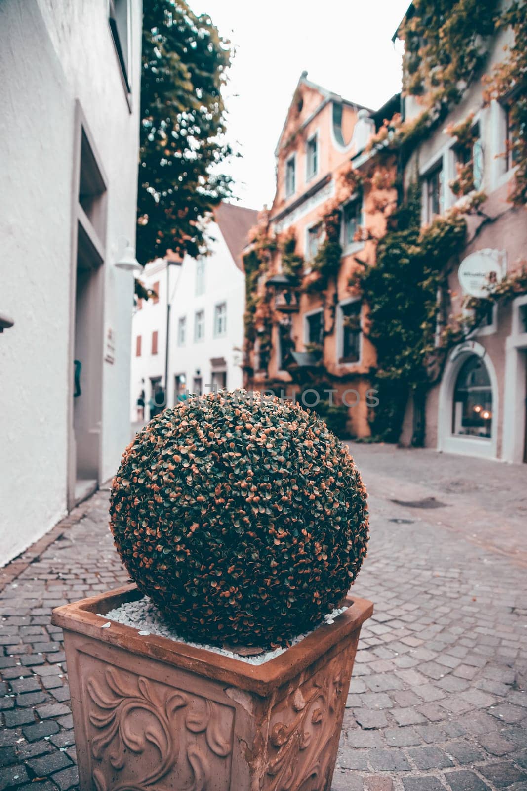 Details of old german houses on the narrow street of the old town in Meersburg, Germany