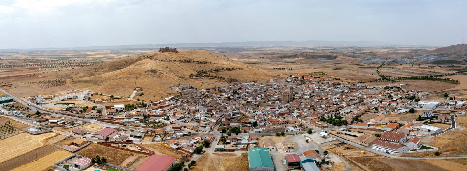 Panoramic view of Almonacid de Toledo, located in the Sisla region, Spain. Great front aerial view