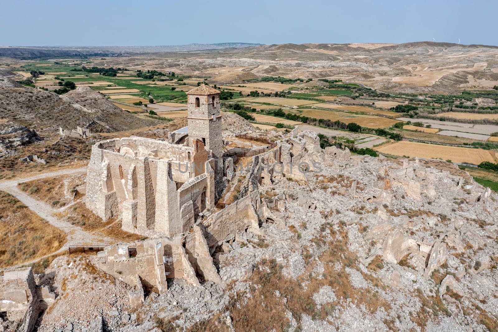 Roden village destroyed in a bombing during the Spanish Civil War, Saragossa, Aragon, Spain. Detail of the church of San Martin Aerial view