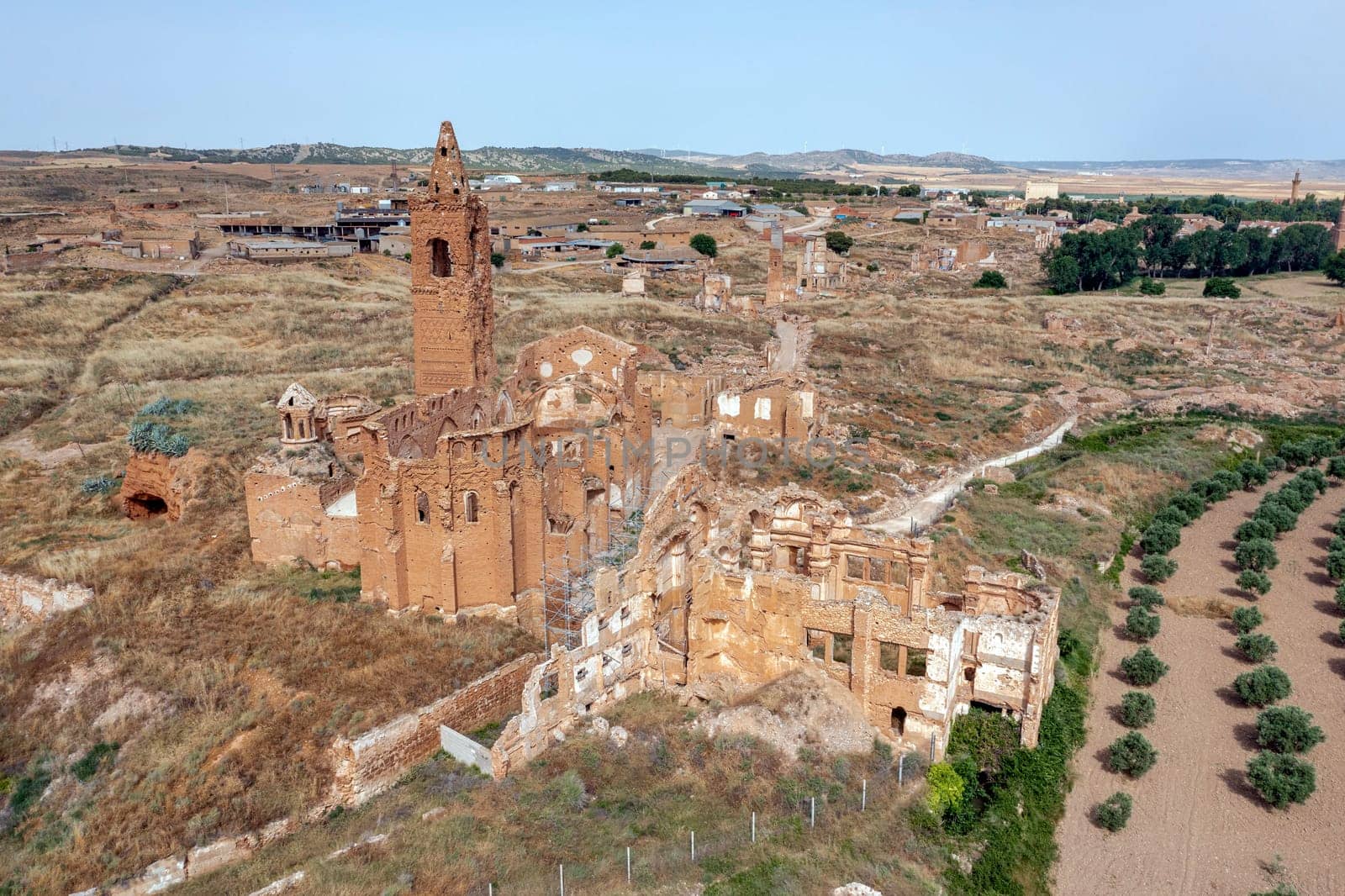 a view of the remains of the old town of Belchite, Zaragoza Spain, destroyed during the Spanish Civil War and abandoned from then, highlighting the San Martin de Tours church