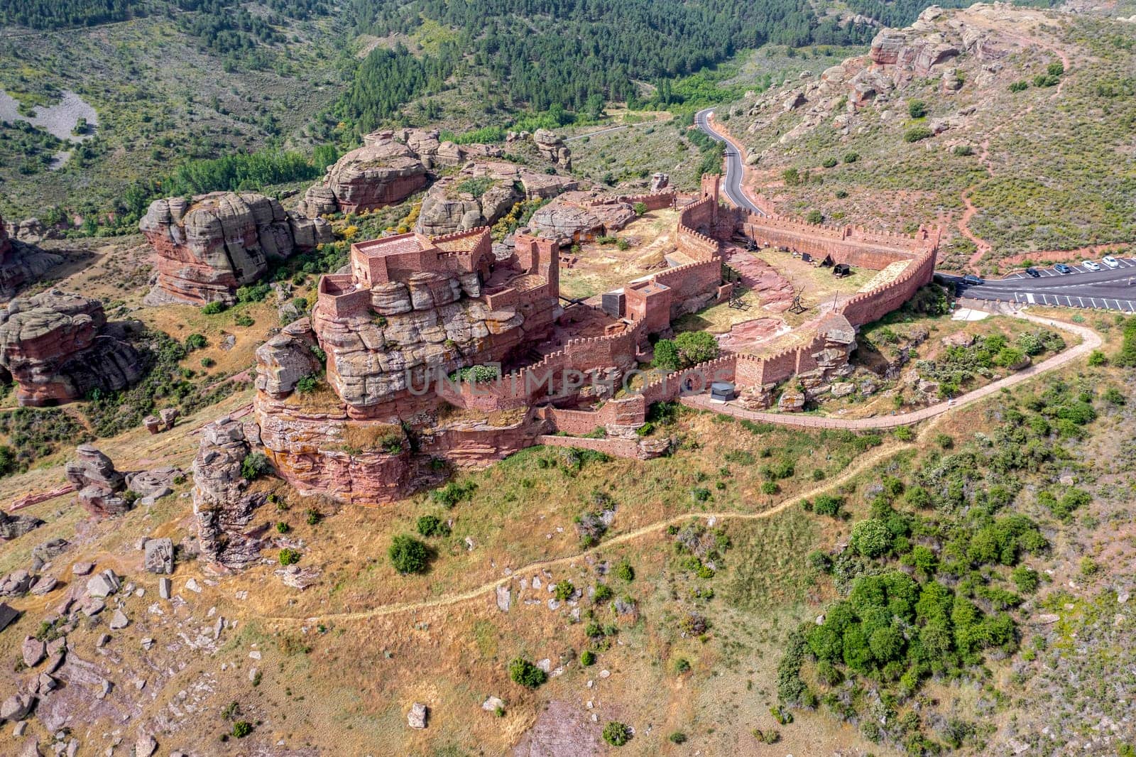 Peracense Castle, X-XI centuries, in Teruel province, Aragon, Spain Panoramic aerial view