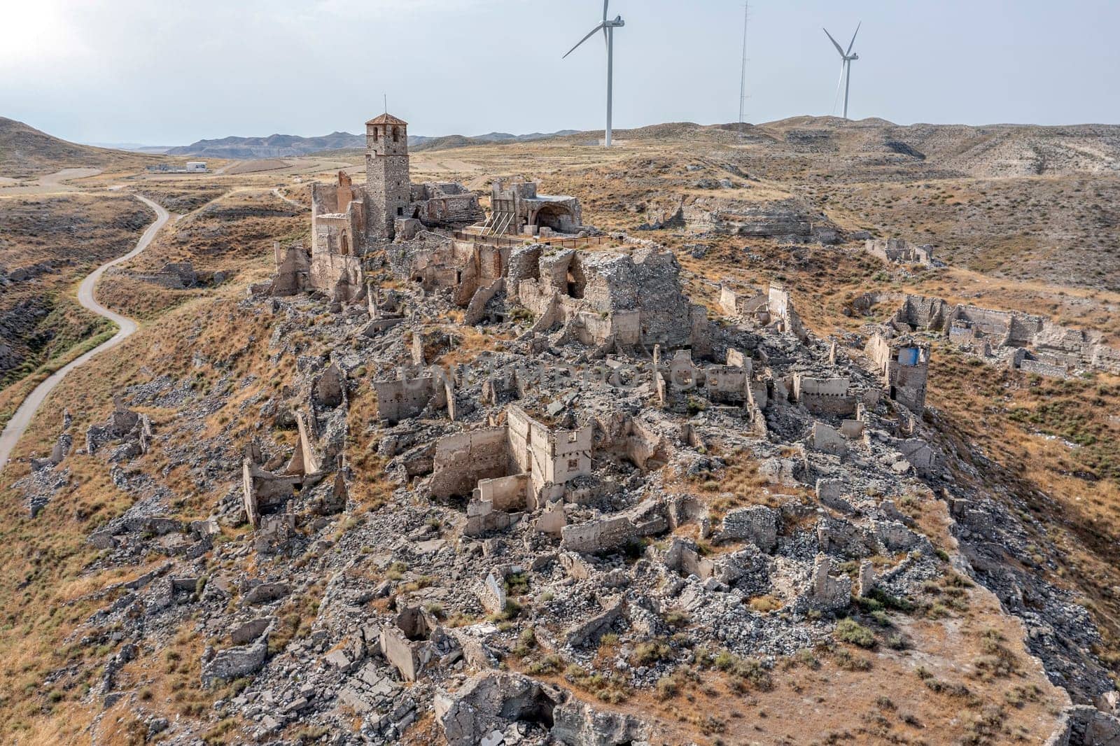 Roden village destroyed in a bombing during the Spanish Civil War, Saragossa, Aragon, Spain. panoramic aerial view front