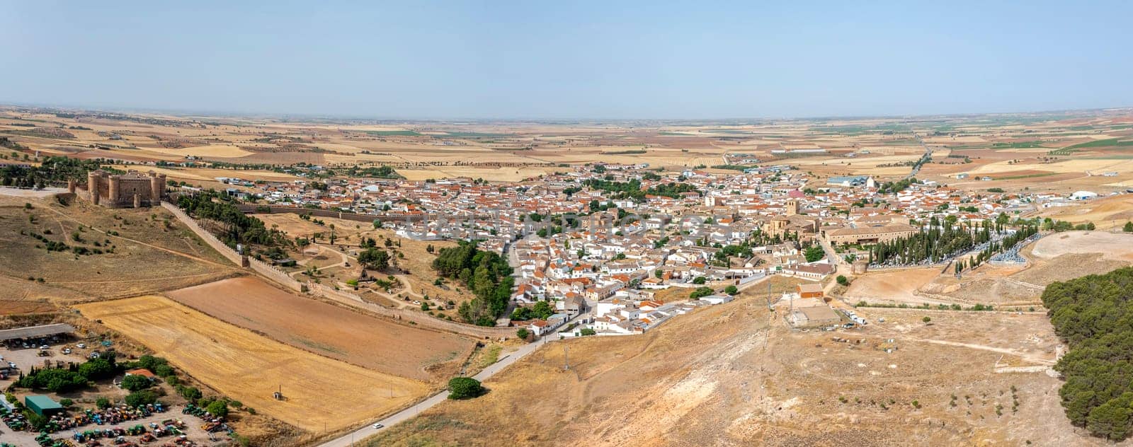 Panoramic aerial view of the Medieval village of Belmonte, in the province of Cuenca, Spain.