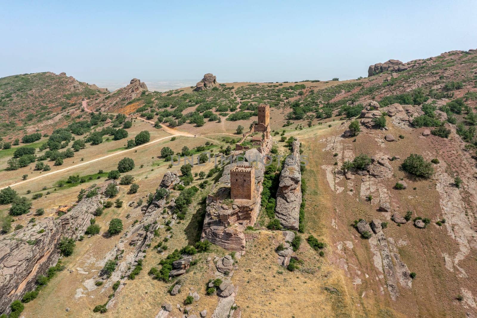 Zafra castle, 12th century,in Campillo de Duenas, Guadalajara, Spain Front panoramic aerial view