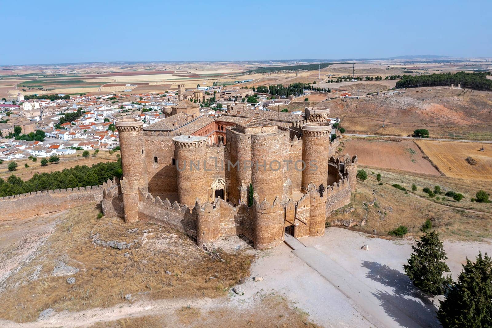 Medieval castle on the hill in the village of Belmonte, province of Cuenca, Spain. Front view