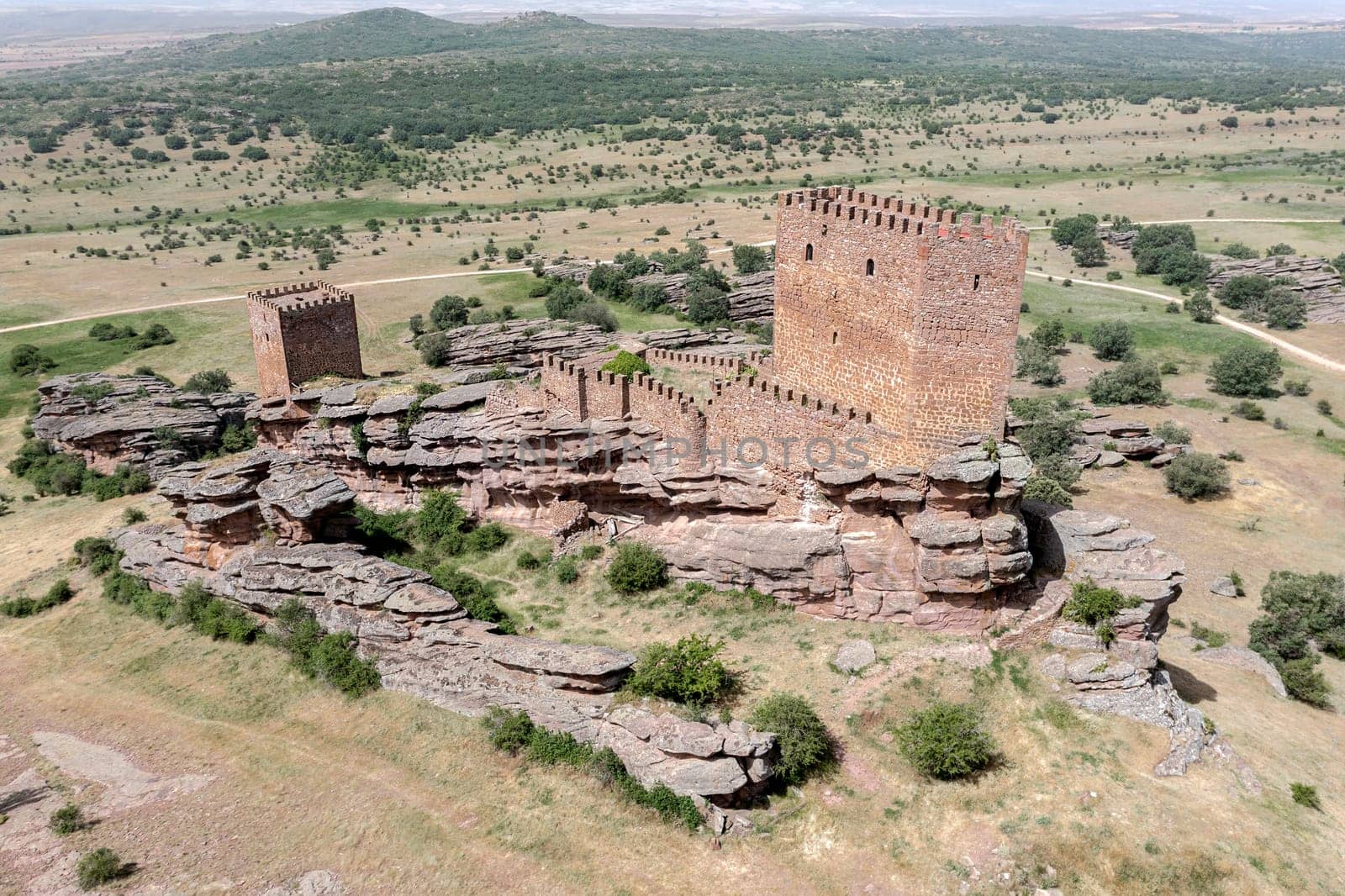 Zafra castle, 12th century,in Campillo de Duenas, Guadalajara, Spain Side panoramic aerial view of the tribute tower