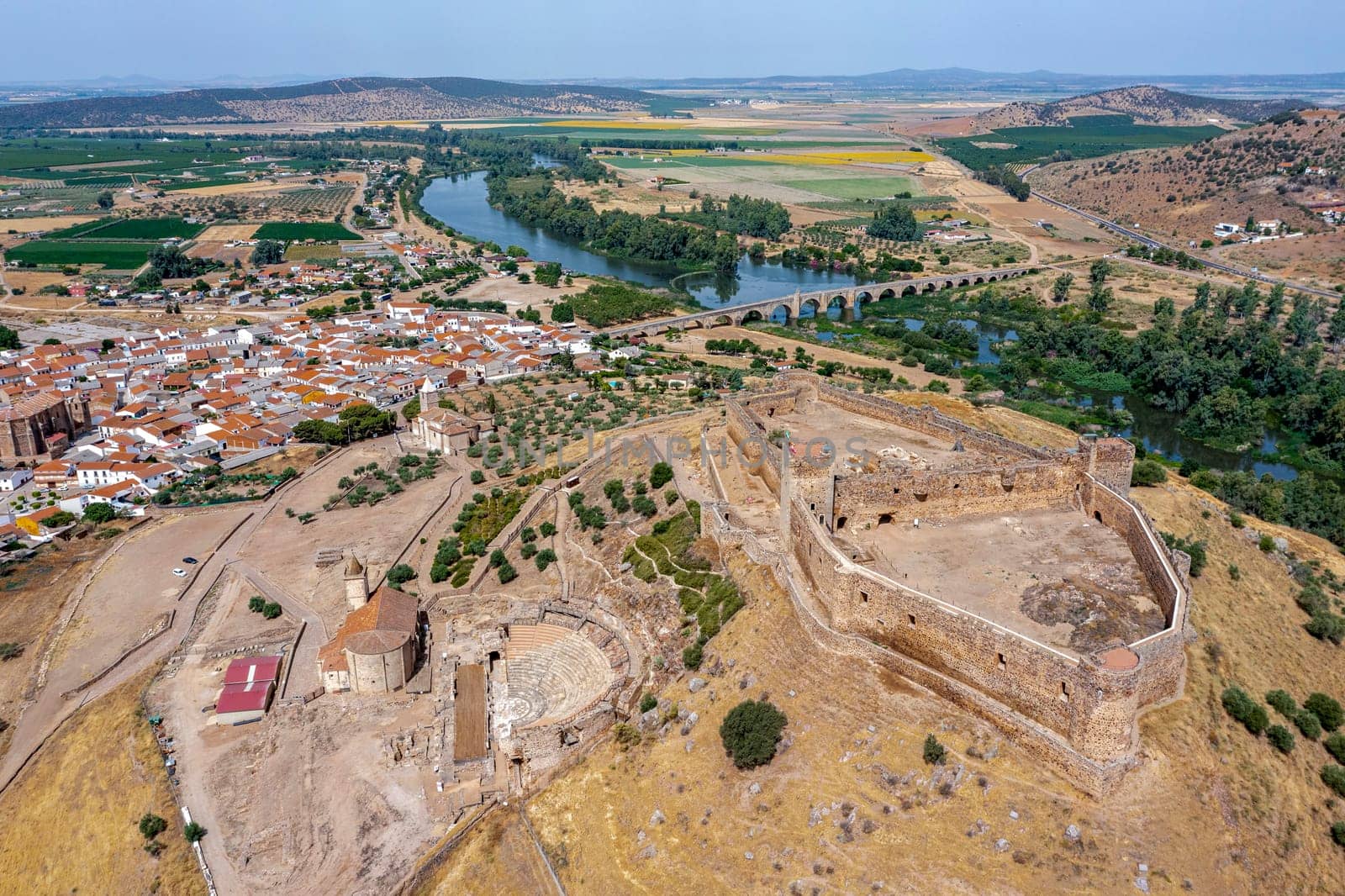 Aerial view of Medellin, a Spanish municipality in the province of Badajoz, in the autonomous community of Extremadura. Spain