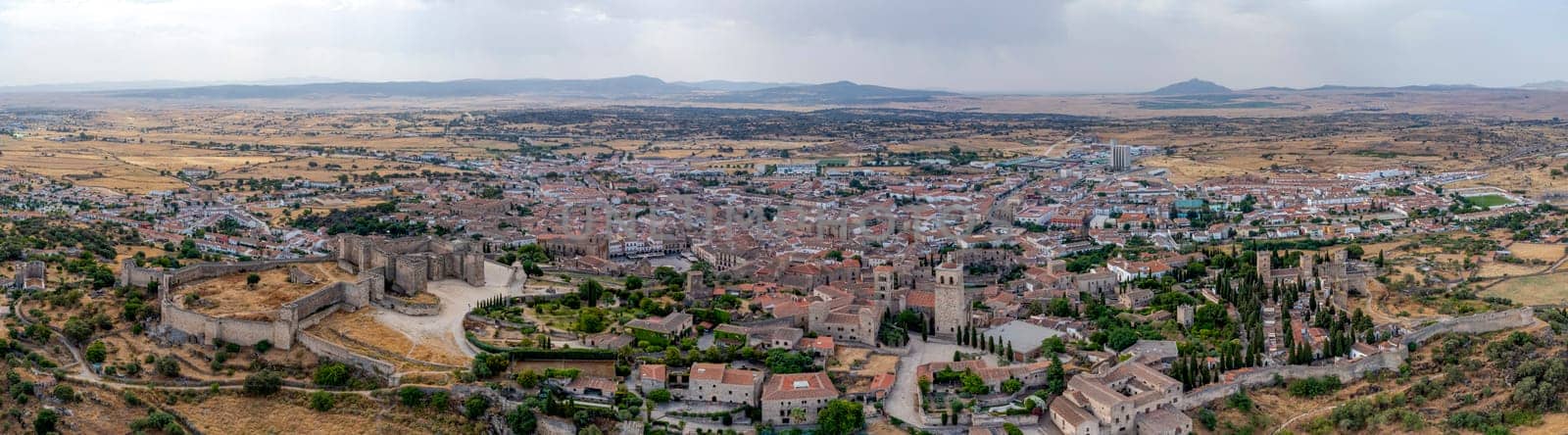 Great aerial panoramic view of Trujillo, a Spanish municipality in the province of Caceres, in the autonomous community of Extremadura. Spain