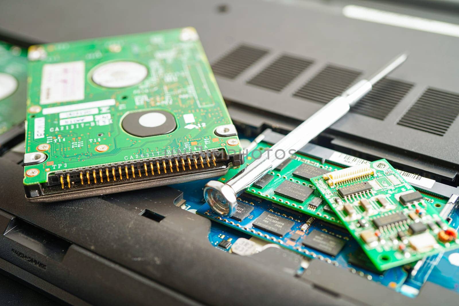 Repairing and upgrade circuit mainboard of notebook, electronic, computer hardware and technology concept.