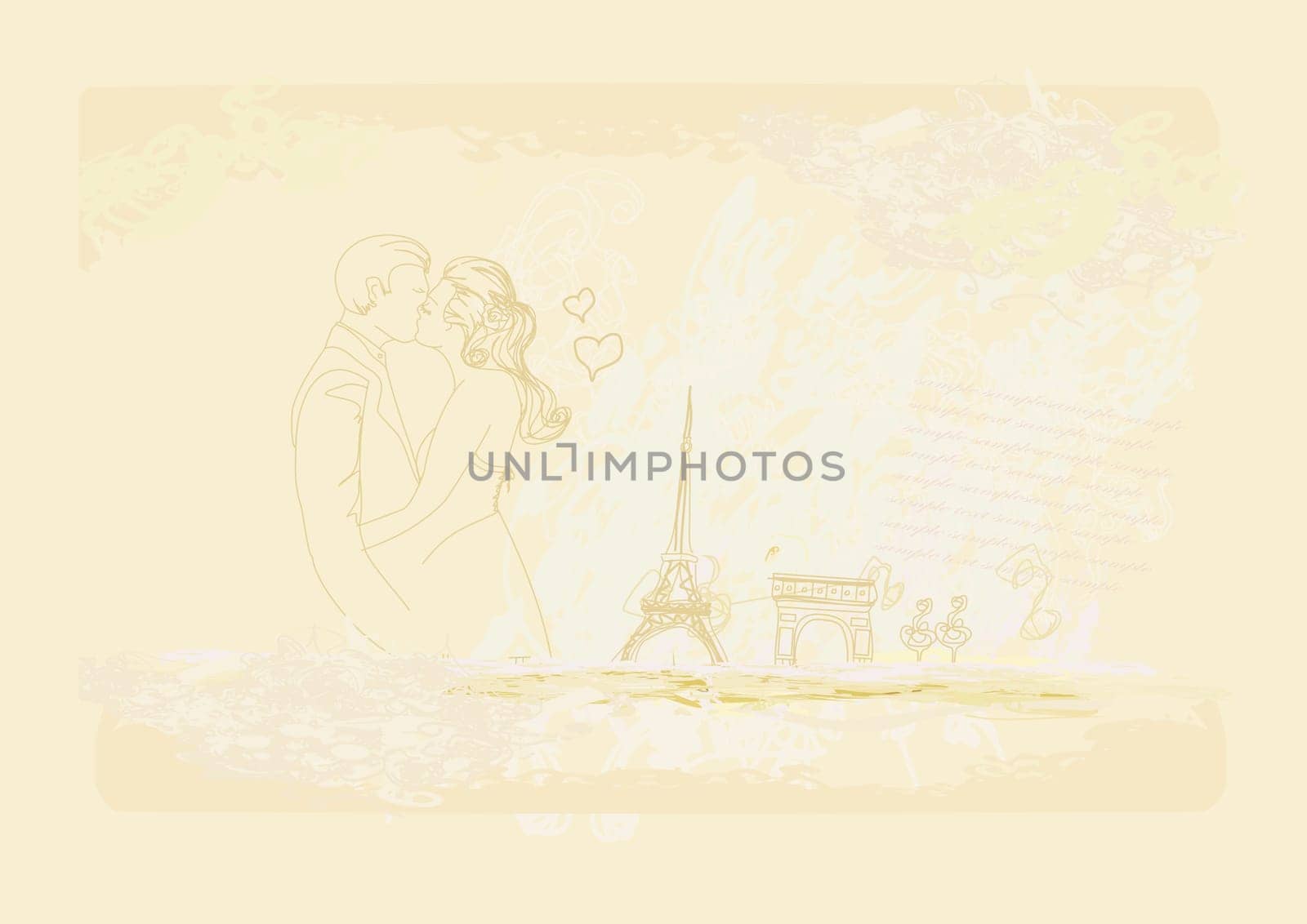 Romantic wedding couple in Paris kissing near the Eiffel Tower Retro card