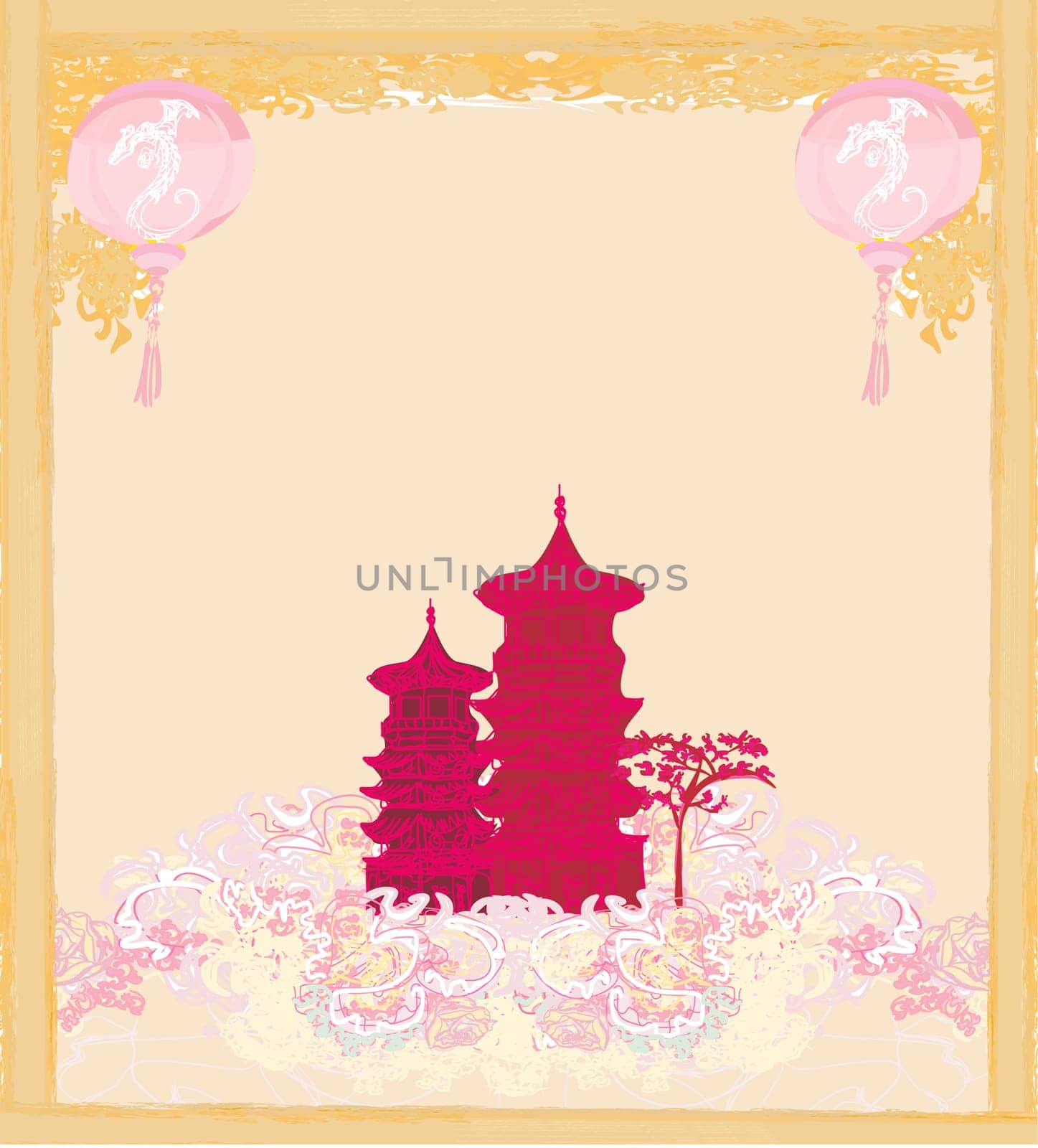 old paper with Asian Landscape and Chinese Lanterns - vintage japanese style background