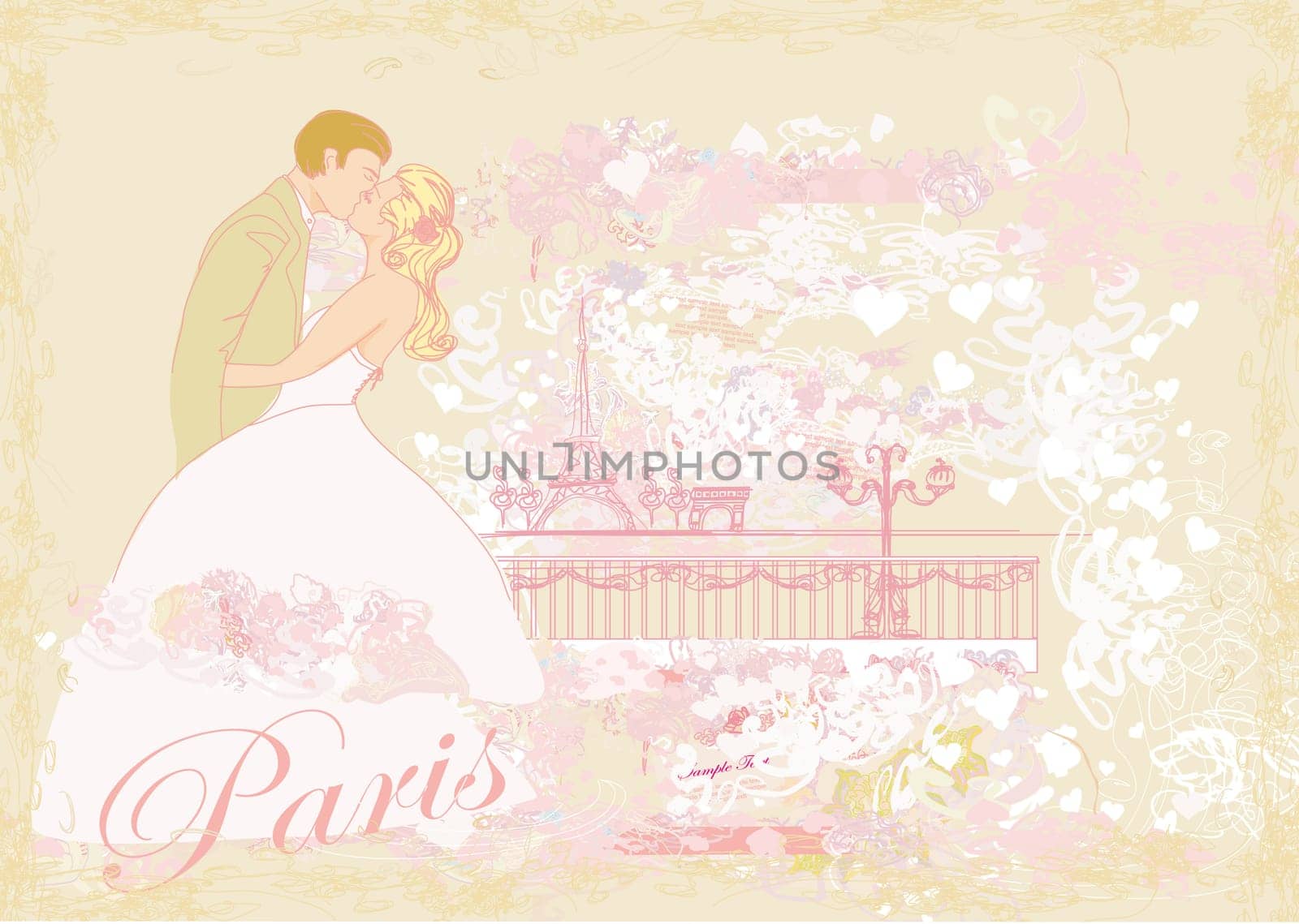 Romantic wedding couple in Paris kissing near the Eiffel Tower Retro card