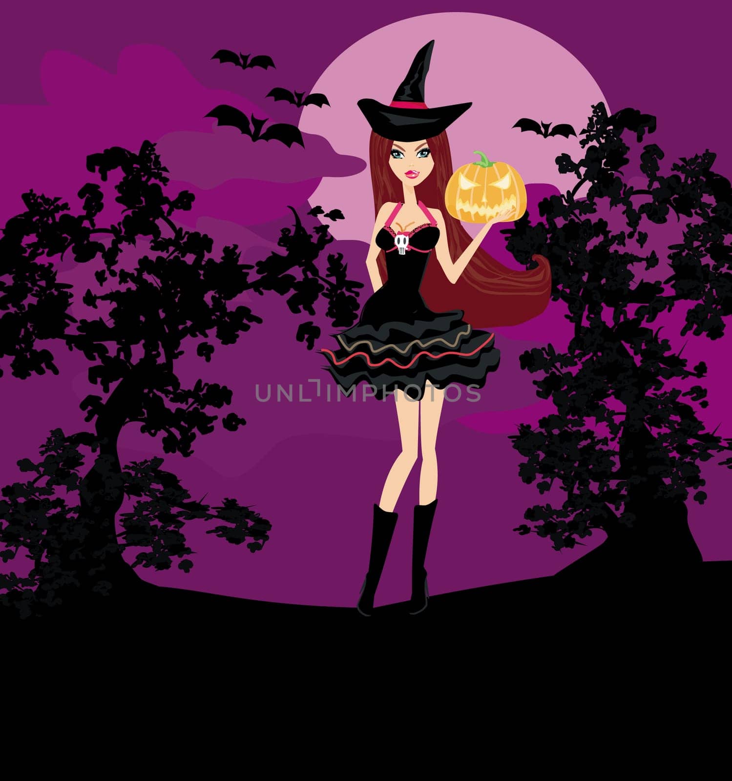 Halloween witch standing with pumpkin