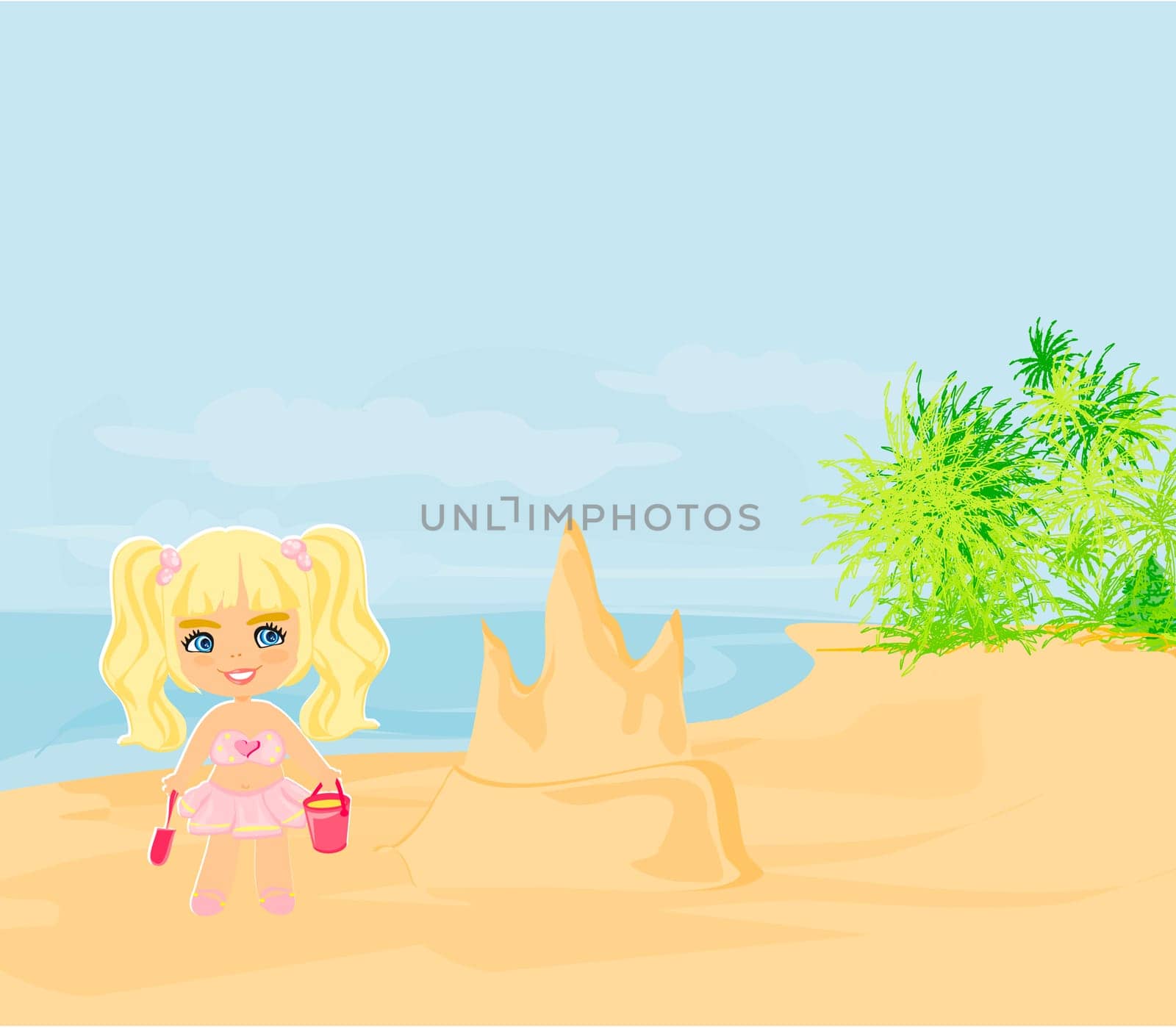 Illustration little girl building a sand castle at the beach