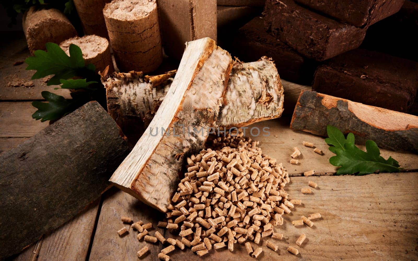 High angle of chopped birch and oak firewood scattered on wooden table near fuel pellets and cylindrical and square biomass briquettes