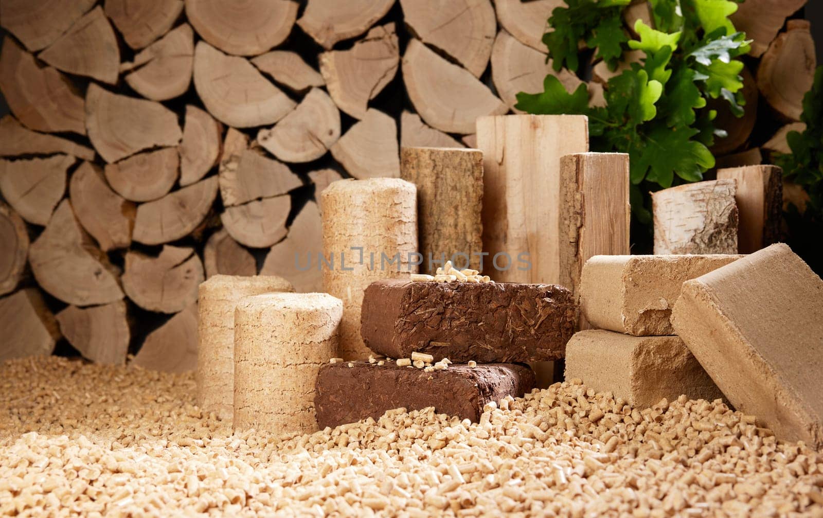 Stack of compressed biomass briquettes of various shapes with chopped firewood placed on pile of fuel pellets in daylight