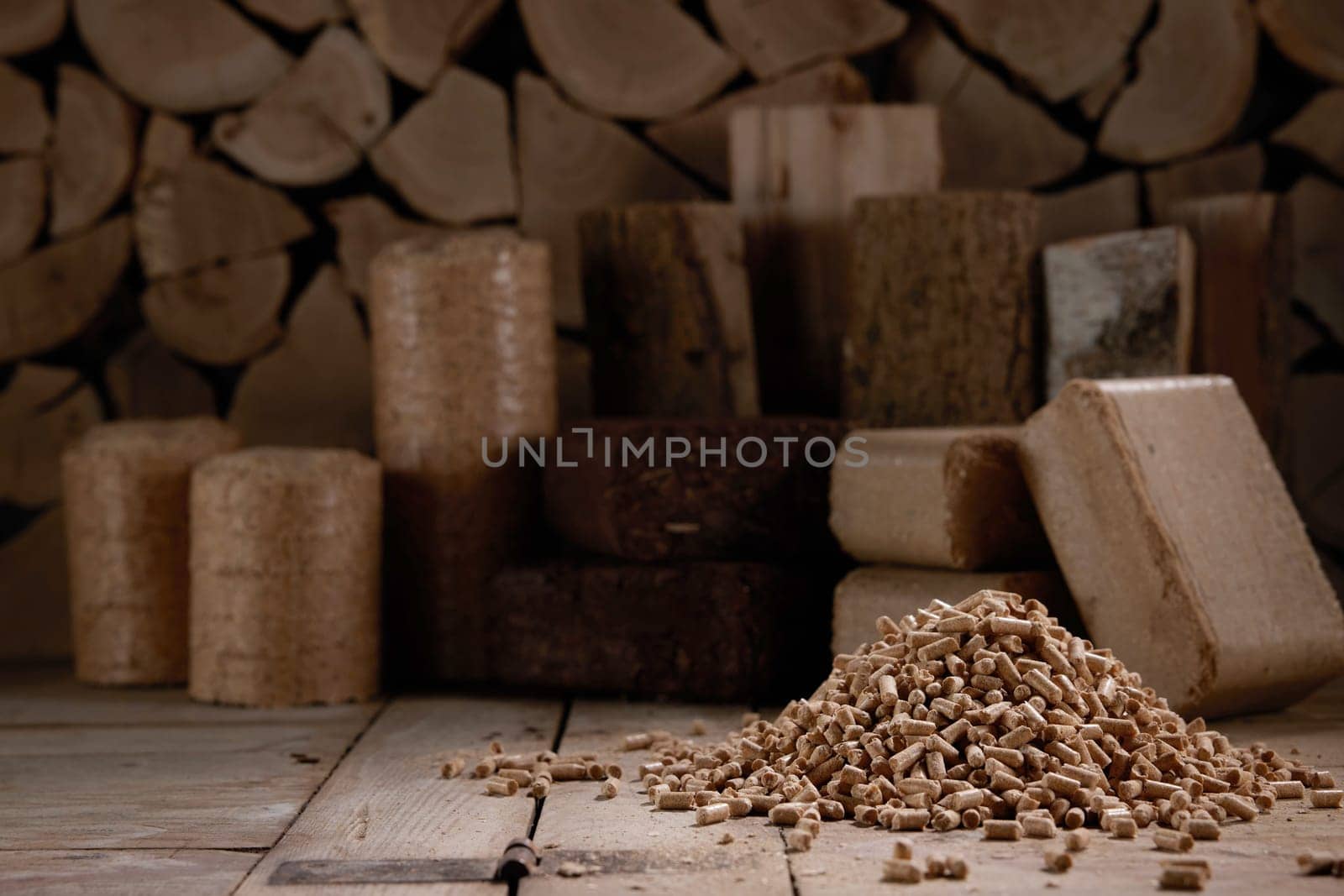 Set of various biomass briquettes made of compressed peat and placed near stack of firewood and scattered fuel pellets