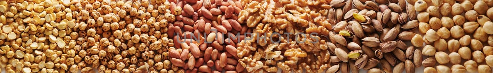 Wide angle view heap of various types of tasty pistachio and hazelnut nuts with walnuts and peanuts arranged together in rows