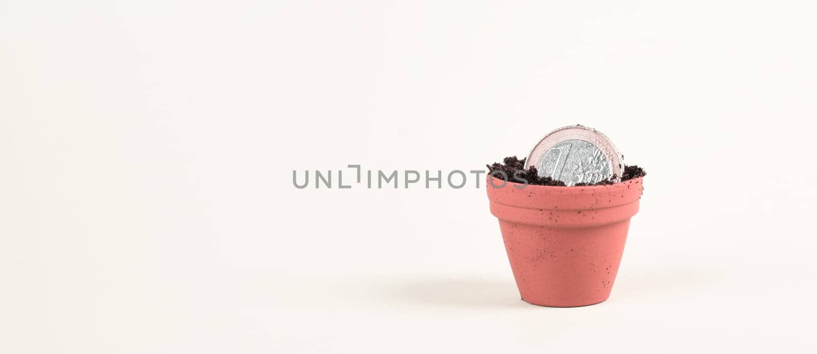 One Euro coin in small flowerpot, money growing, financial planning, profitable investment, hope concept