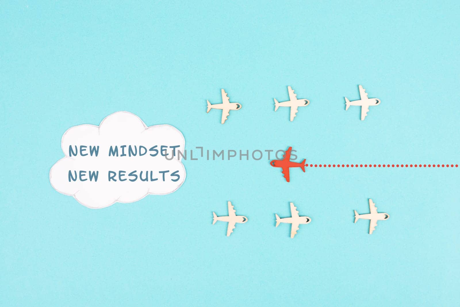 Red airplane is flying to the cloud with the words new mindset new results, changing lifestyle, coaching and improvement concept, positive thinking