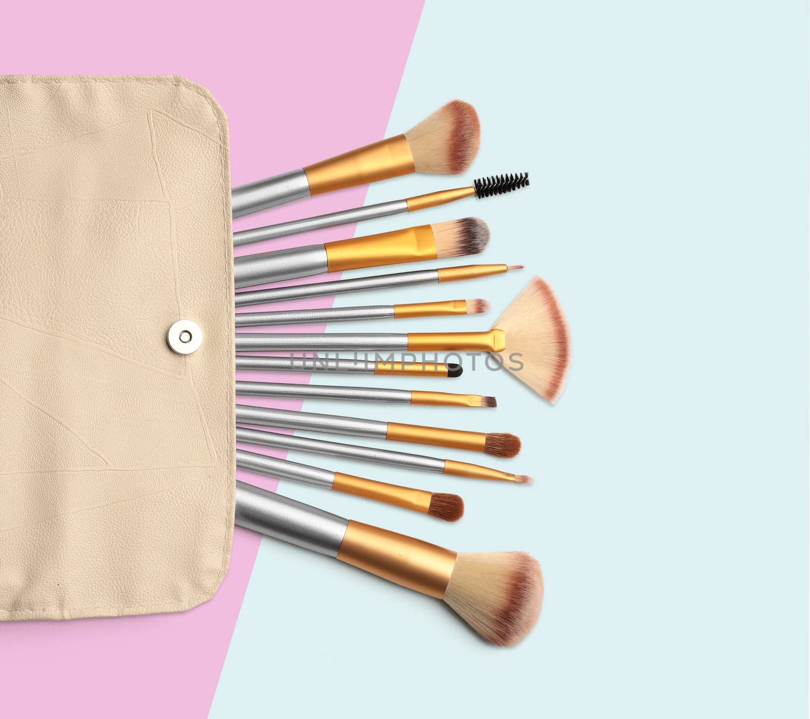 Cosmetics. Make up brushes set. Coloured background with clipping path
