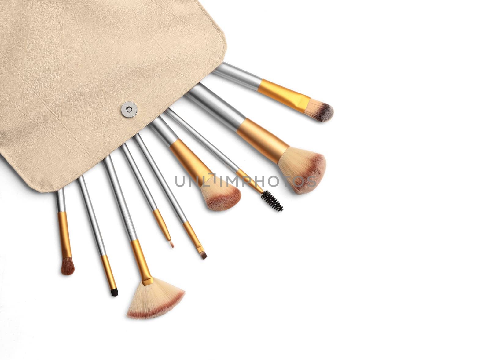 Cosmetics. Make up brushes set over white background