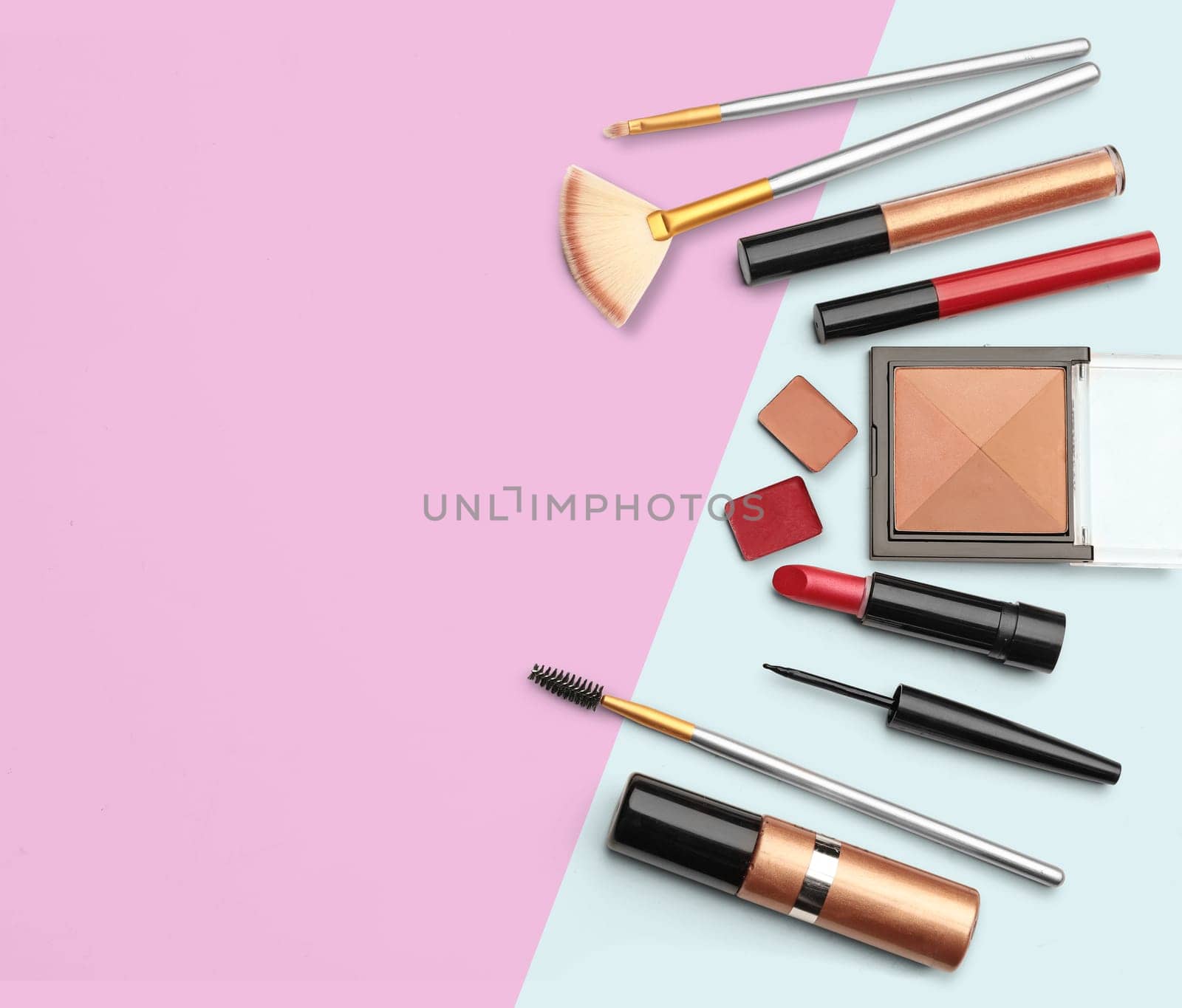 Make up products. Professional cosmetics over white background. Image with copy space. With clipping path