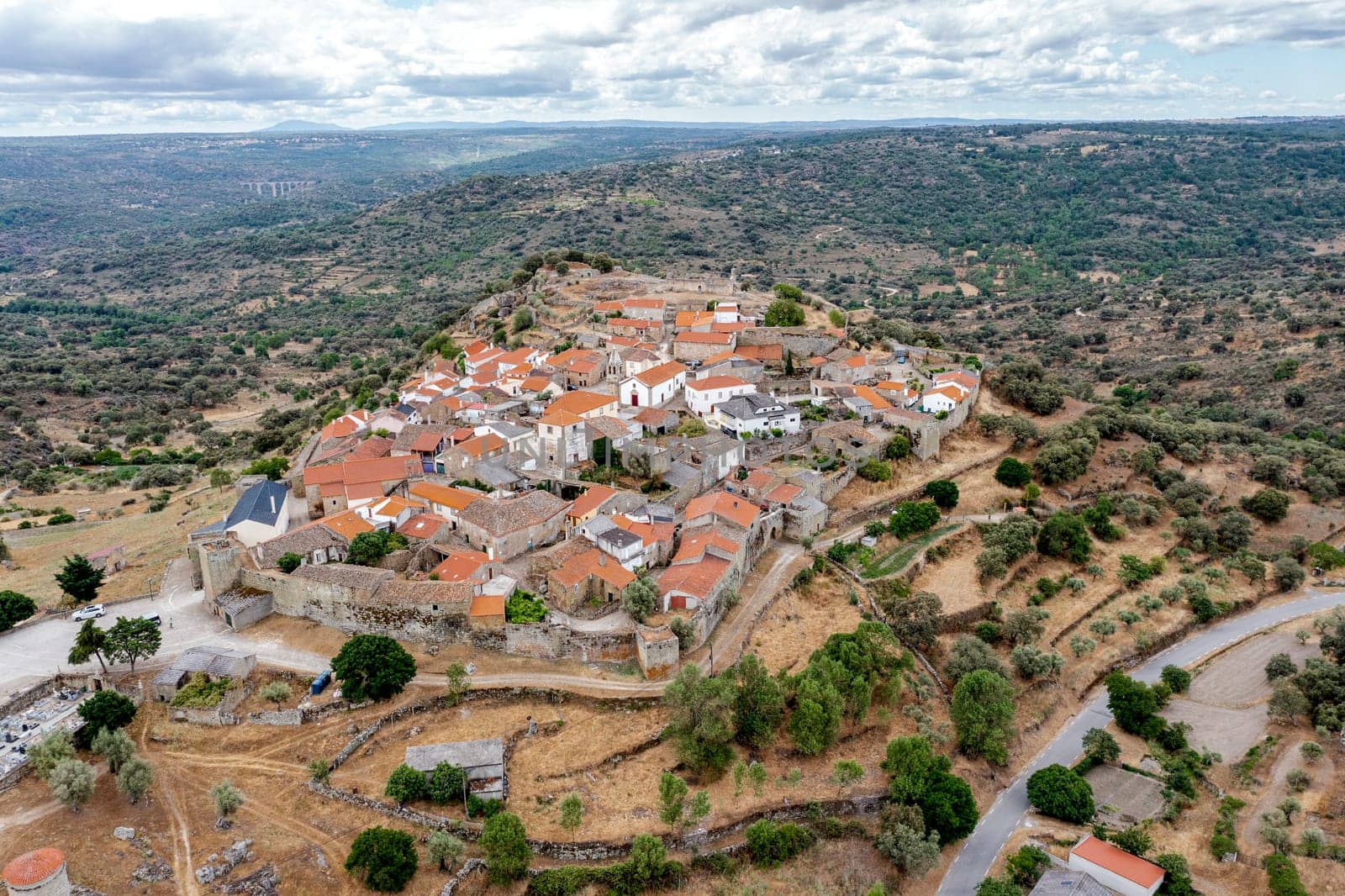 Aerial view of the historic village of Castelo Mendo in Portugal. view from the north